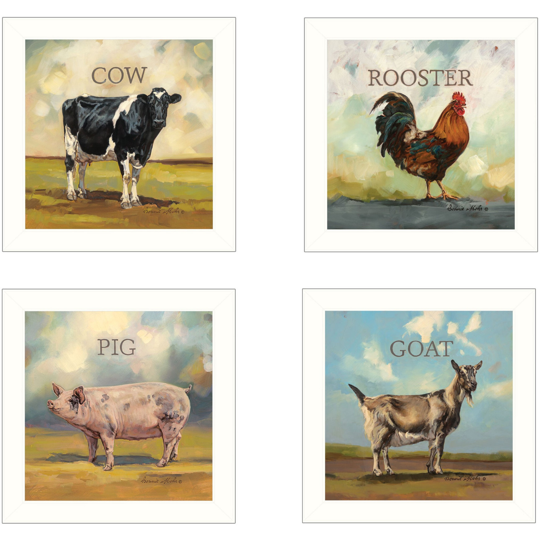 Set Of Four Farm Animals 2 White Framed Print Wall Art