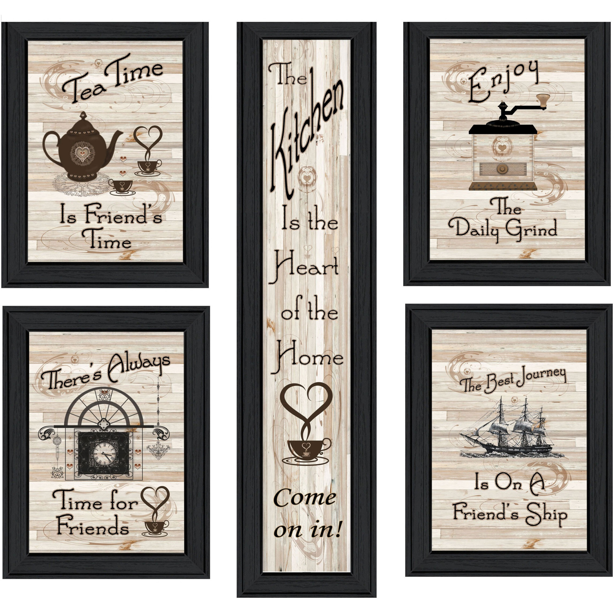 Set Of Five Kitchen Friendship 2 Black Framed Print Kitchen Wall Art