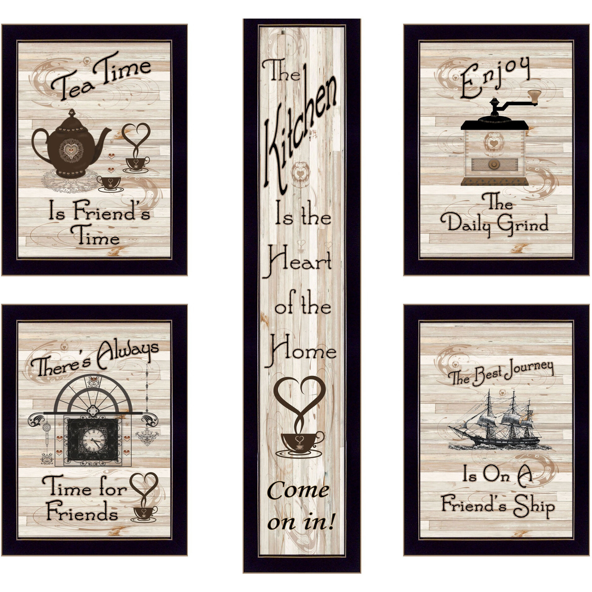Set Of Five Kitchen Friendship 3 Black Framed Print Kitchen Wall Art