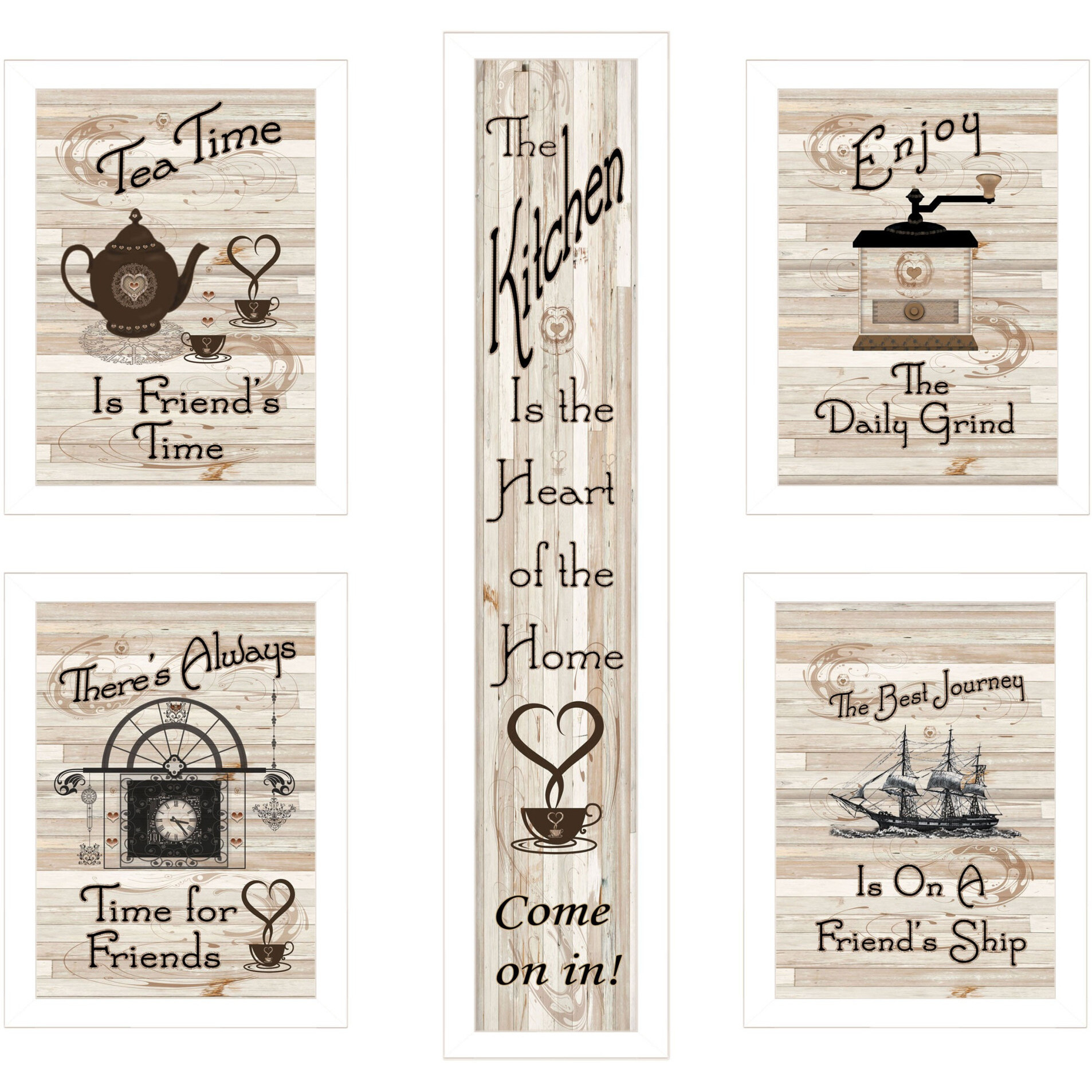 Set Of Five Kitchen Friendship 4 White Framed Print Kitchen Wall Art