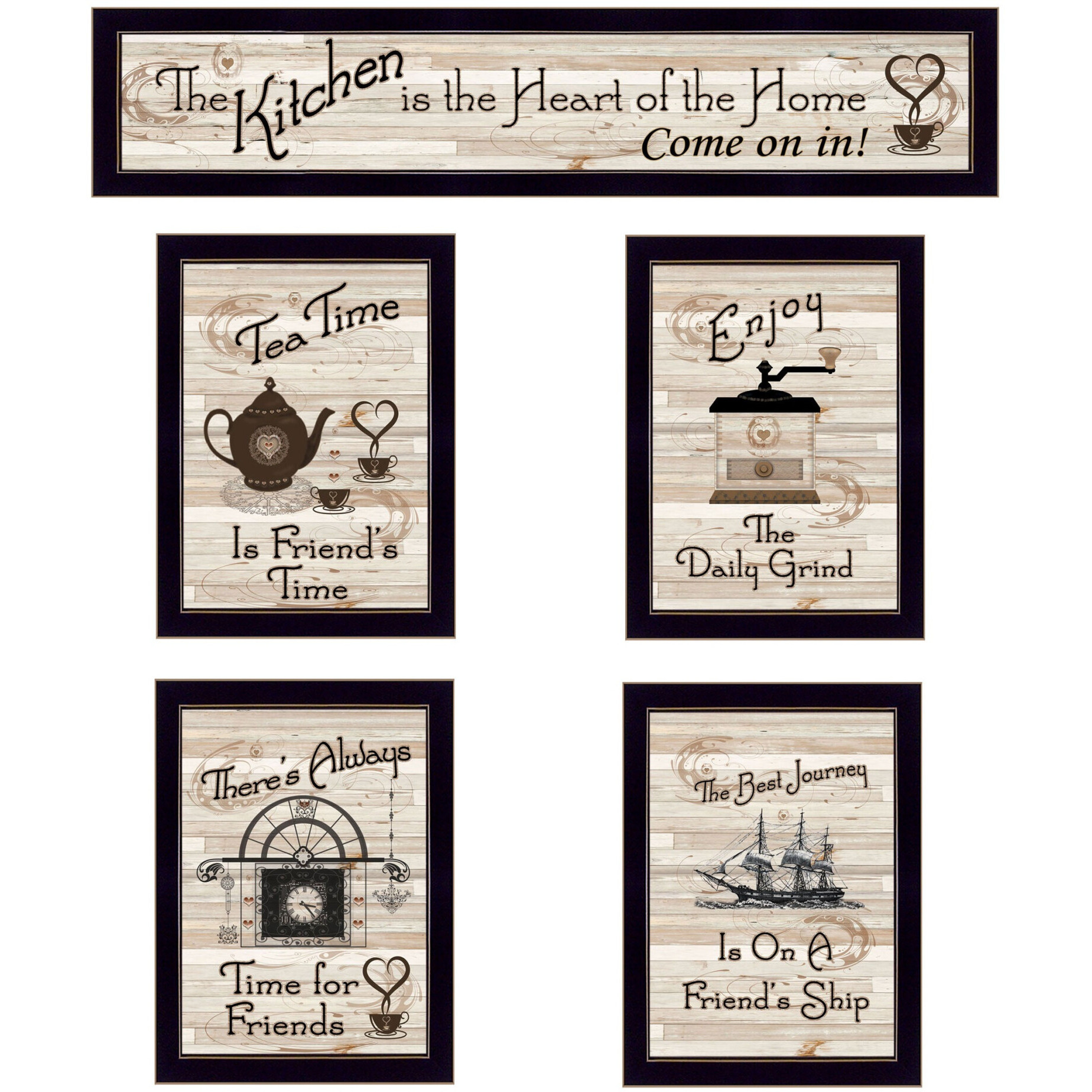 Set Of Five Kitchen Friendship collection Ii 3 Black Framed Print Kitchen Wall Art