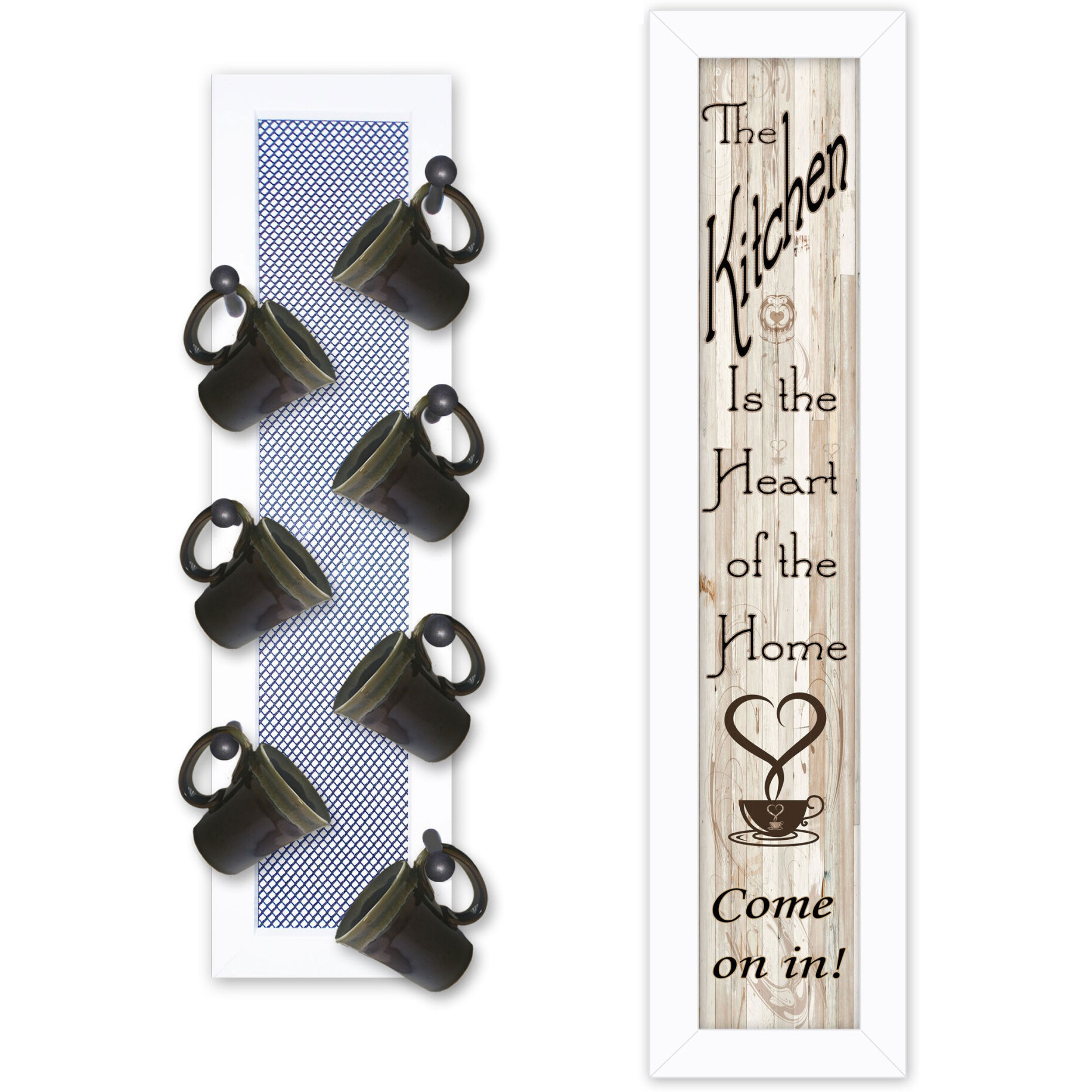 Set Of Two come On In White Framed Print Kitchen Wall Art with Mug Rack