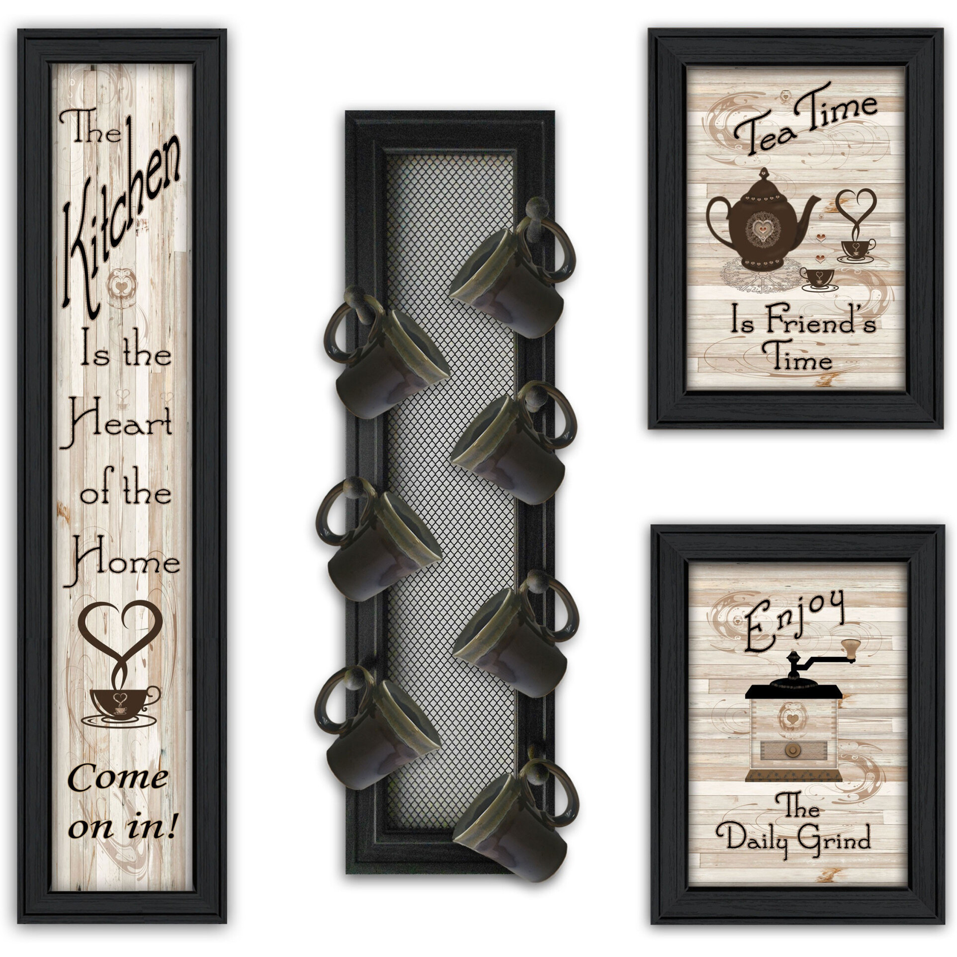 Set Of Four come On In Black Framed Kitchen Wall Prints with Mug Rack