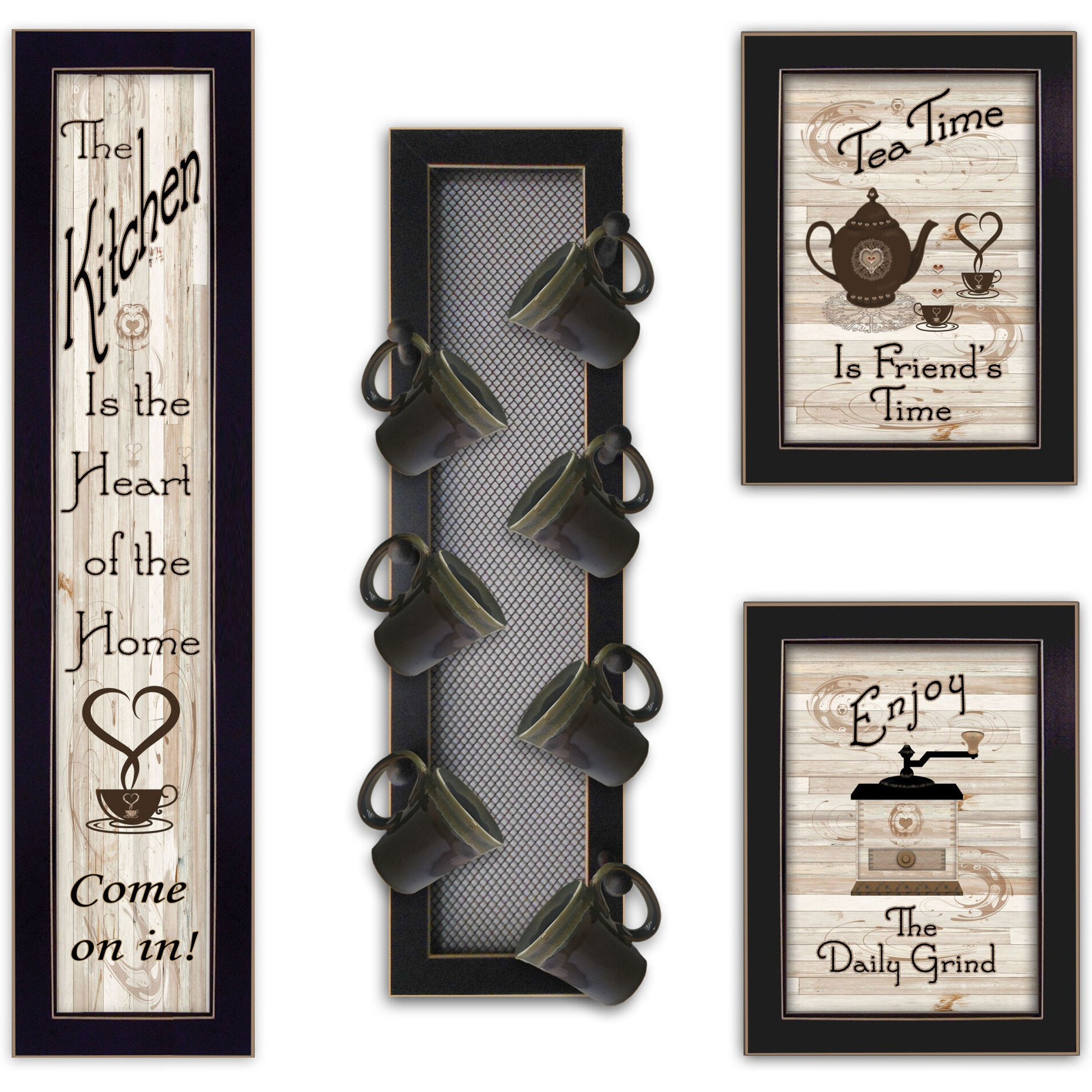 Set Of Four come On In 2 Black Framed Kitchen Wall Prints with Mug Rack
