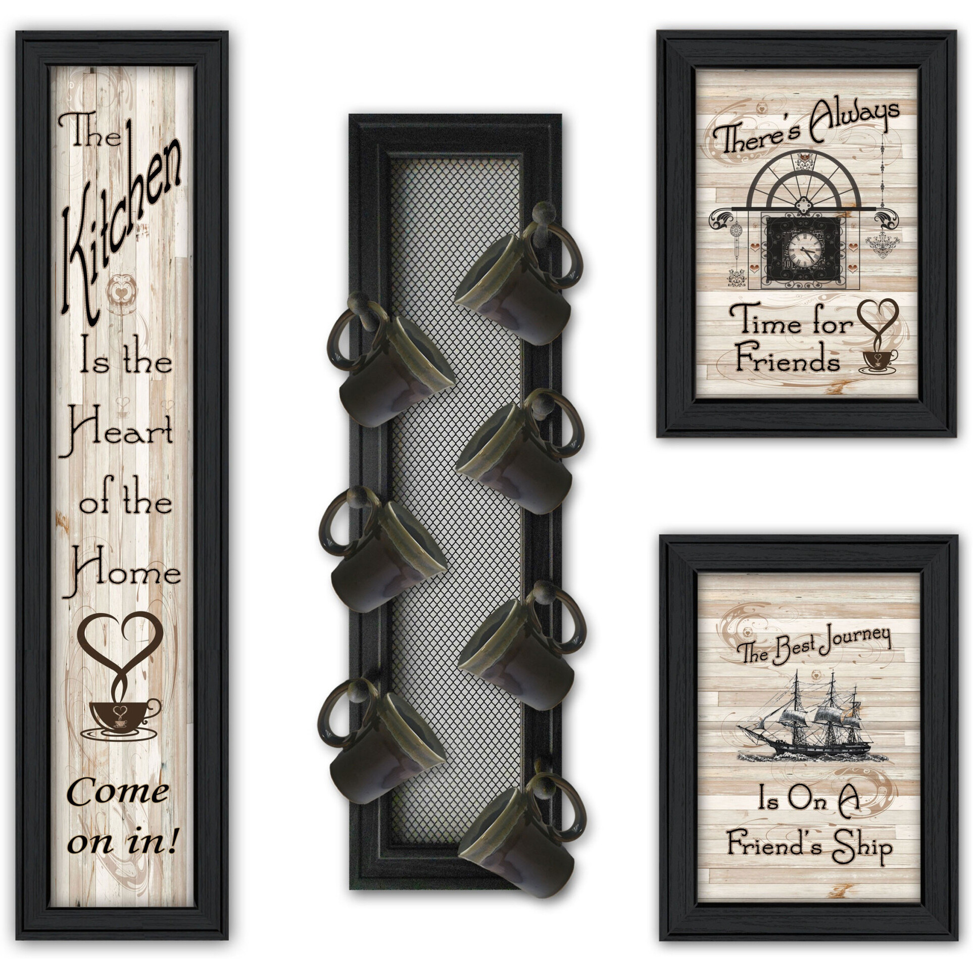 Set Of Four come On In 3 Black Framed Kitchen Wall Prints with Mug Rack