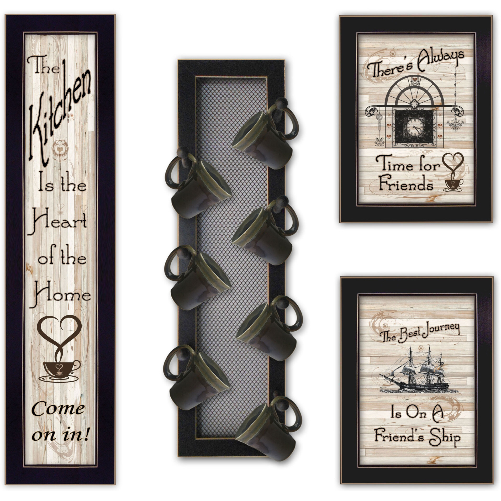 Set Of Four come On In Black 4 Framed Kitchen Wall Prints with Mug Rack