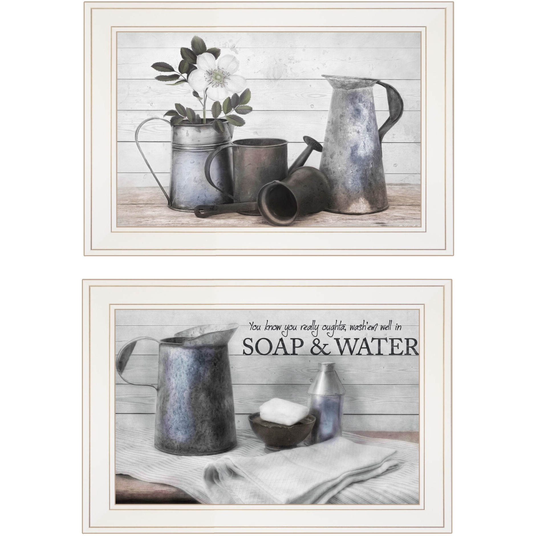Set Of Two Soap Or Floral 1 White Framed Print Bathroom Wall Art