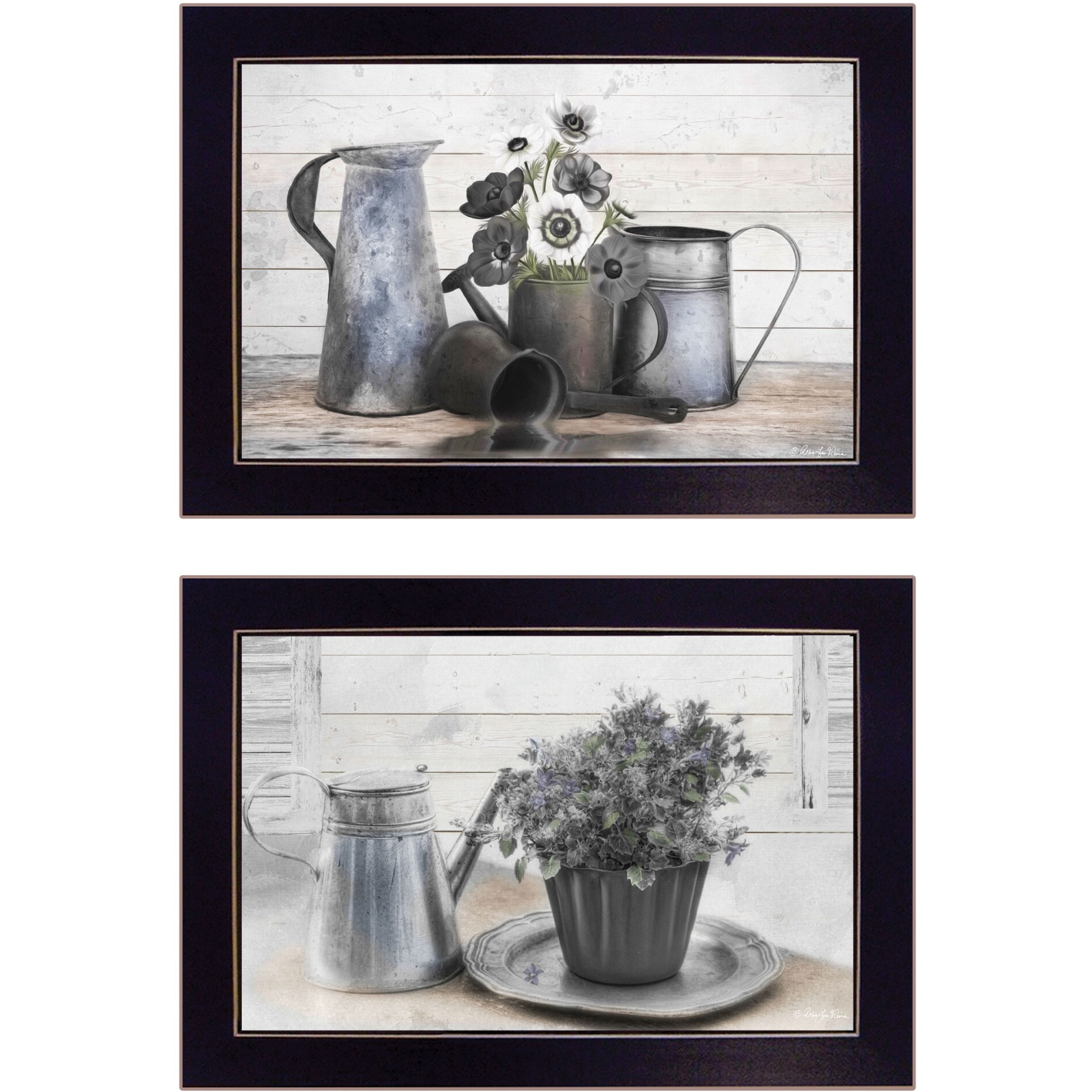 Set Of Two Floral With Tin Ware 2 Black Framed Print Wall Art