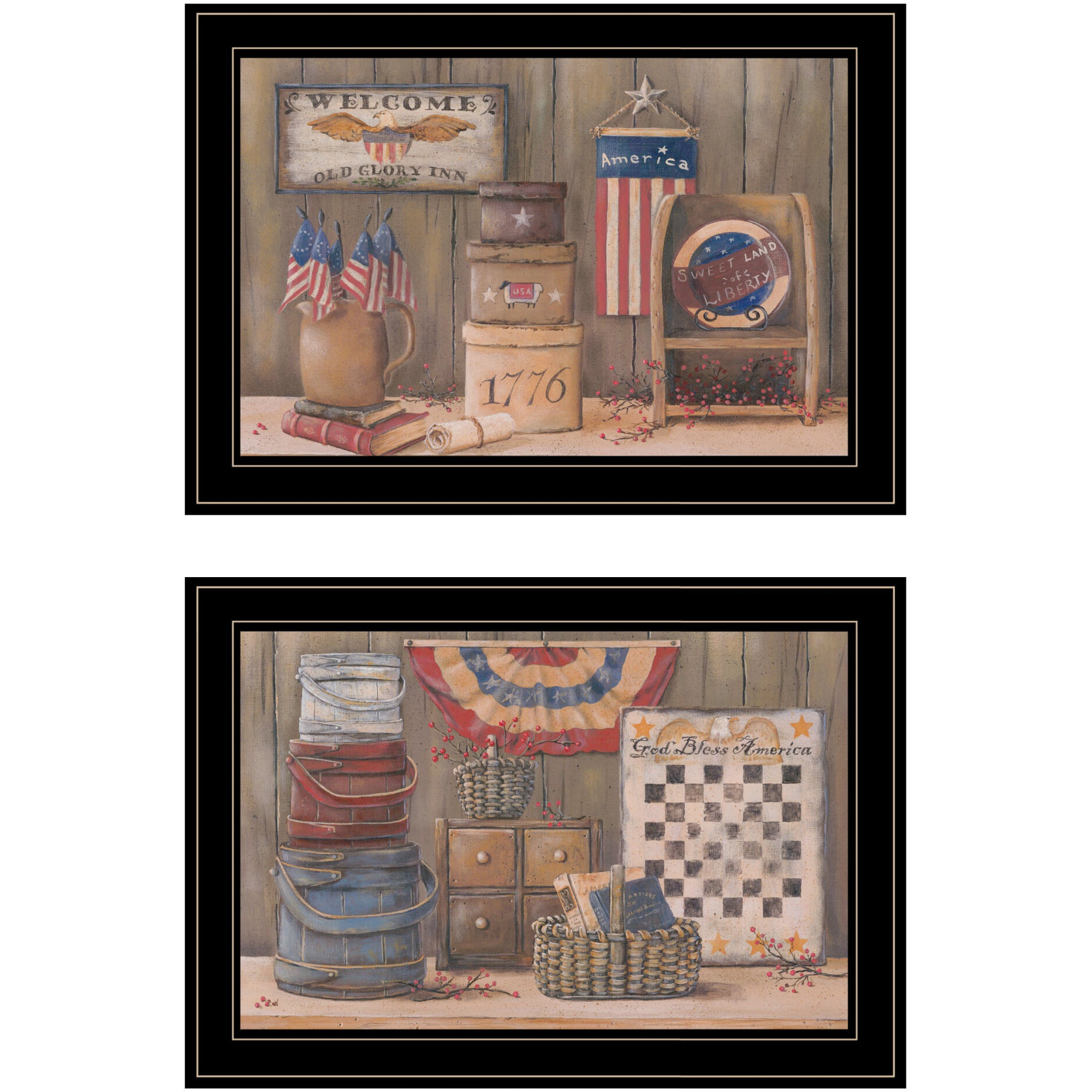 Set Of Two god Bless Or Sweet Land 2 Black Framed Print Wall Art