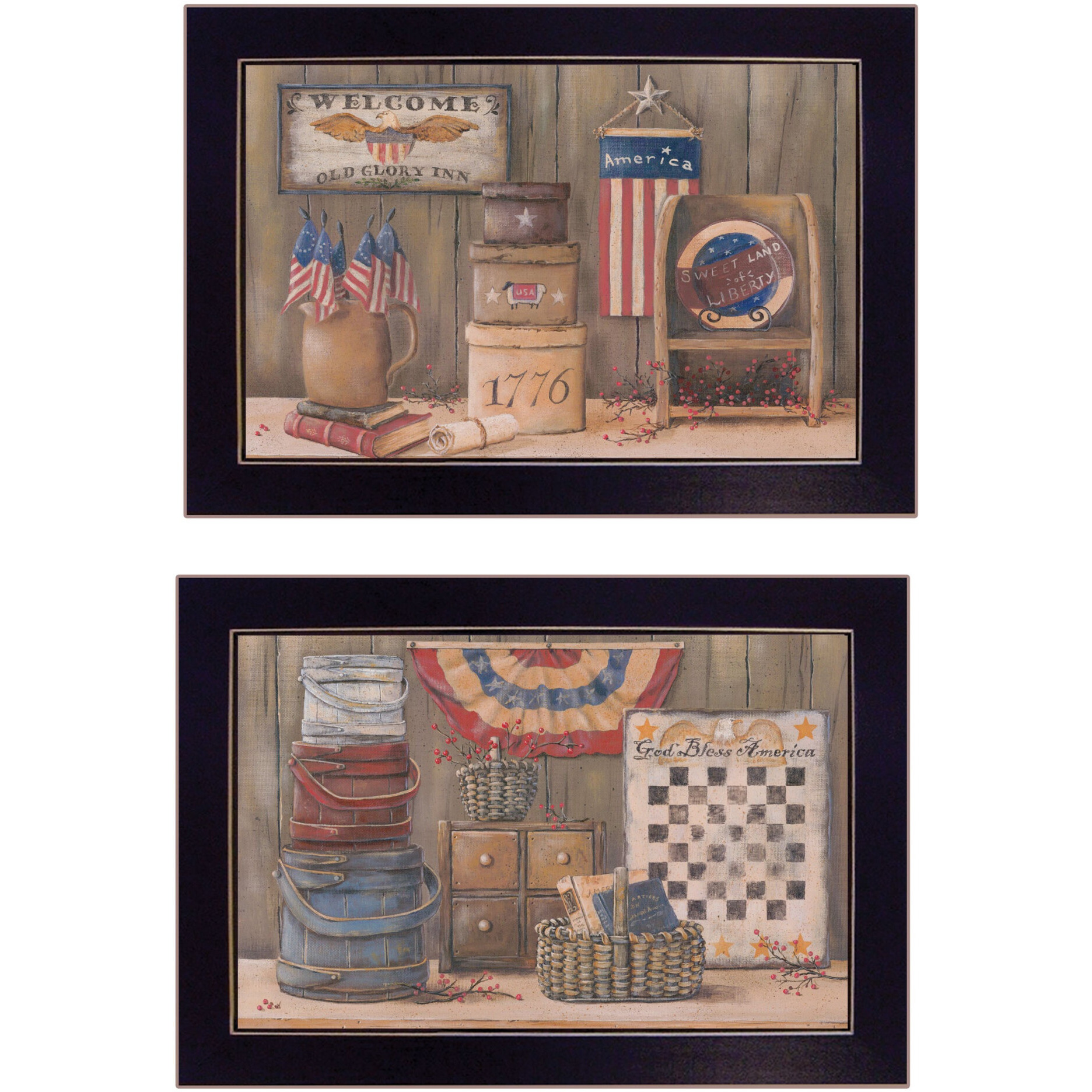 Set Of Two god Bless Or Sweet Land 3 Black Framed Print Wall Art