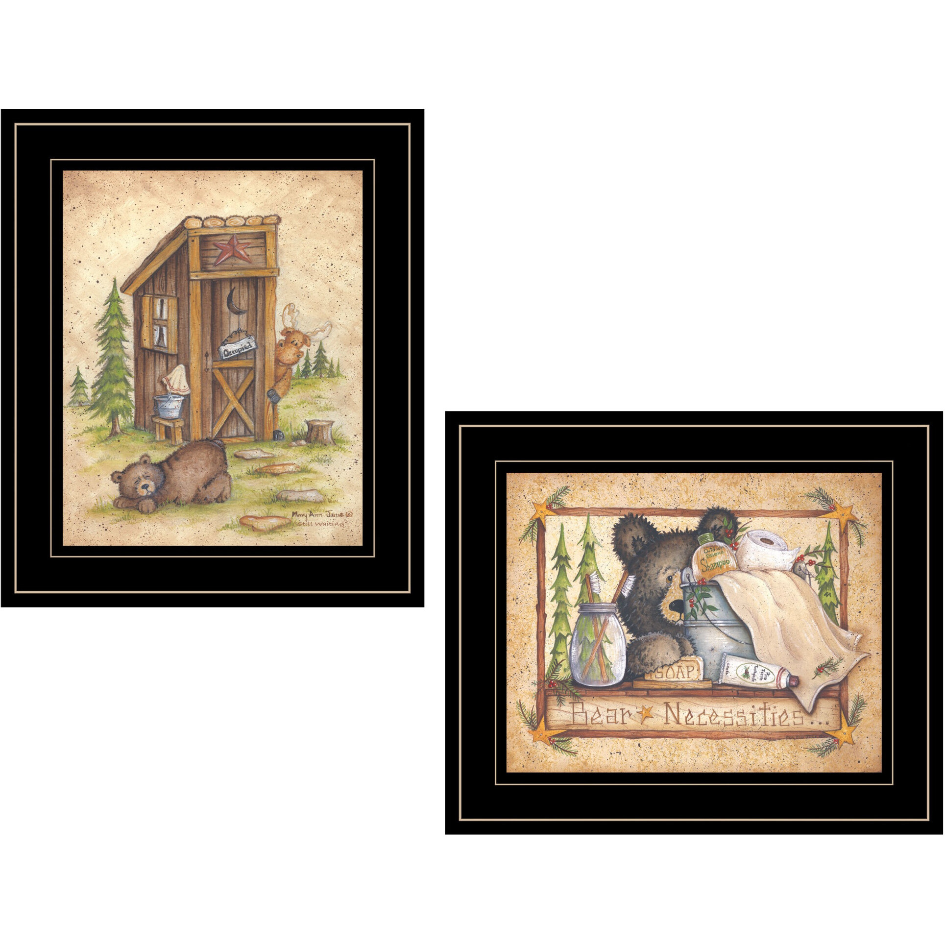 Set Of Two Bear Or Still Waiting 2 Black Framed Print Wall Art