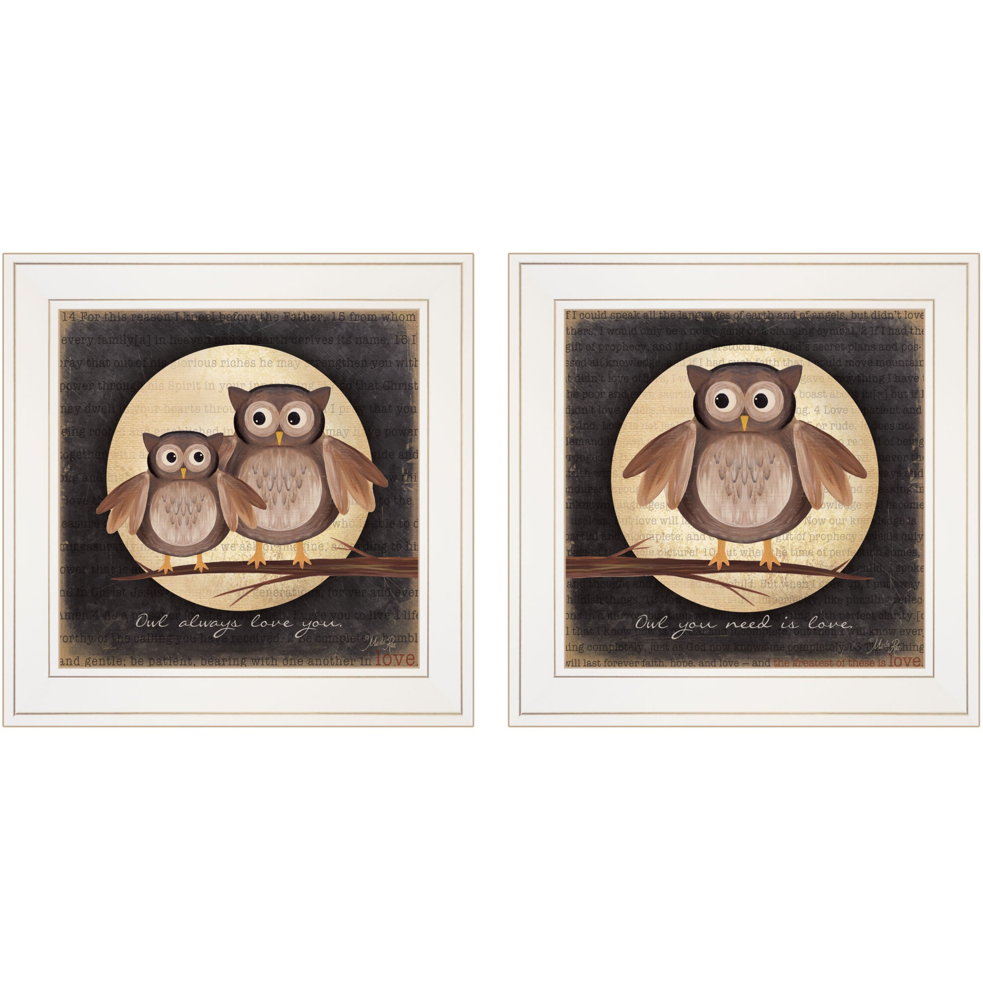 Set Of Two Owl Always Love And Need You 1 White Framed Print Wall Art