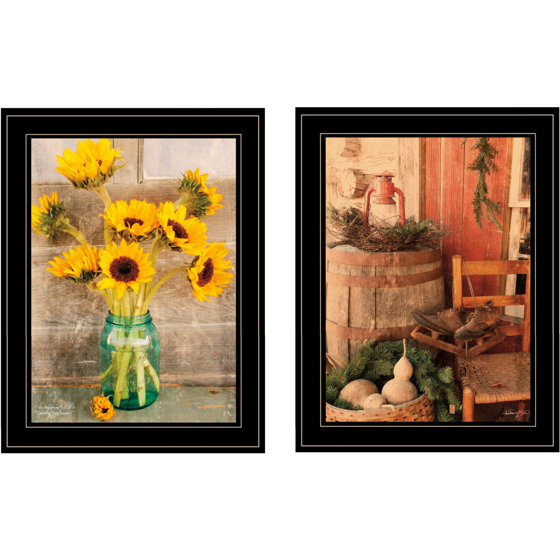 Set Of Two Vintage country And Sunflowers 2 Black Framed Print Wall Art