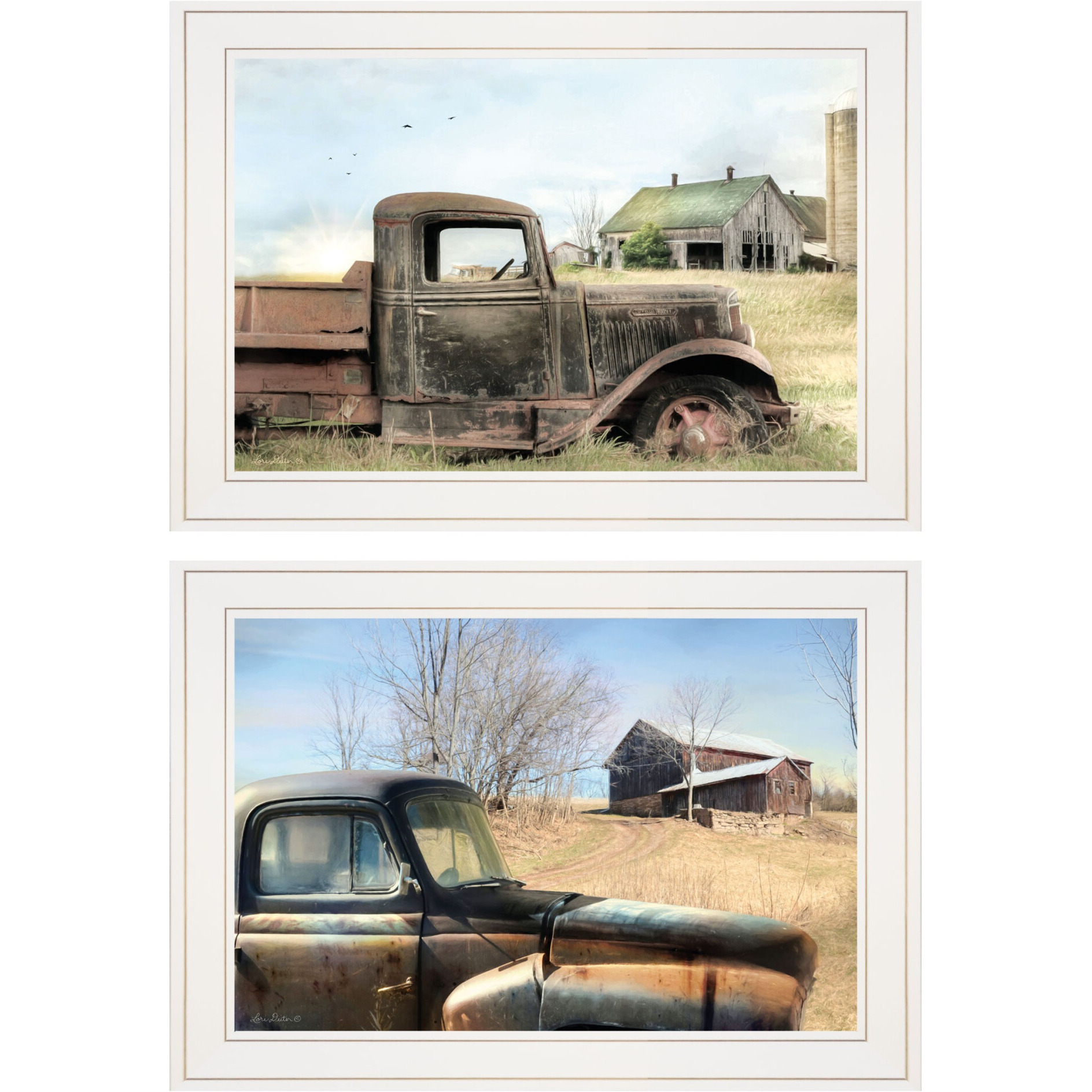 Set Of Two Vintage Farm Trucks 1 White Framed Print Wall Art