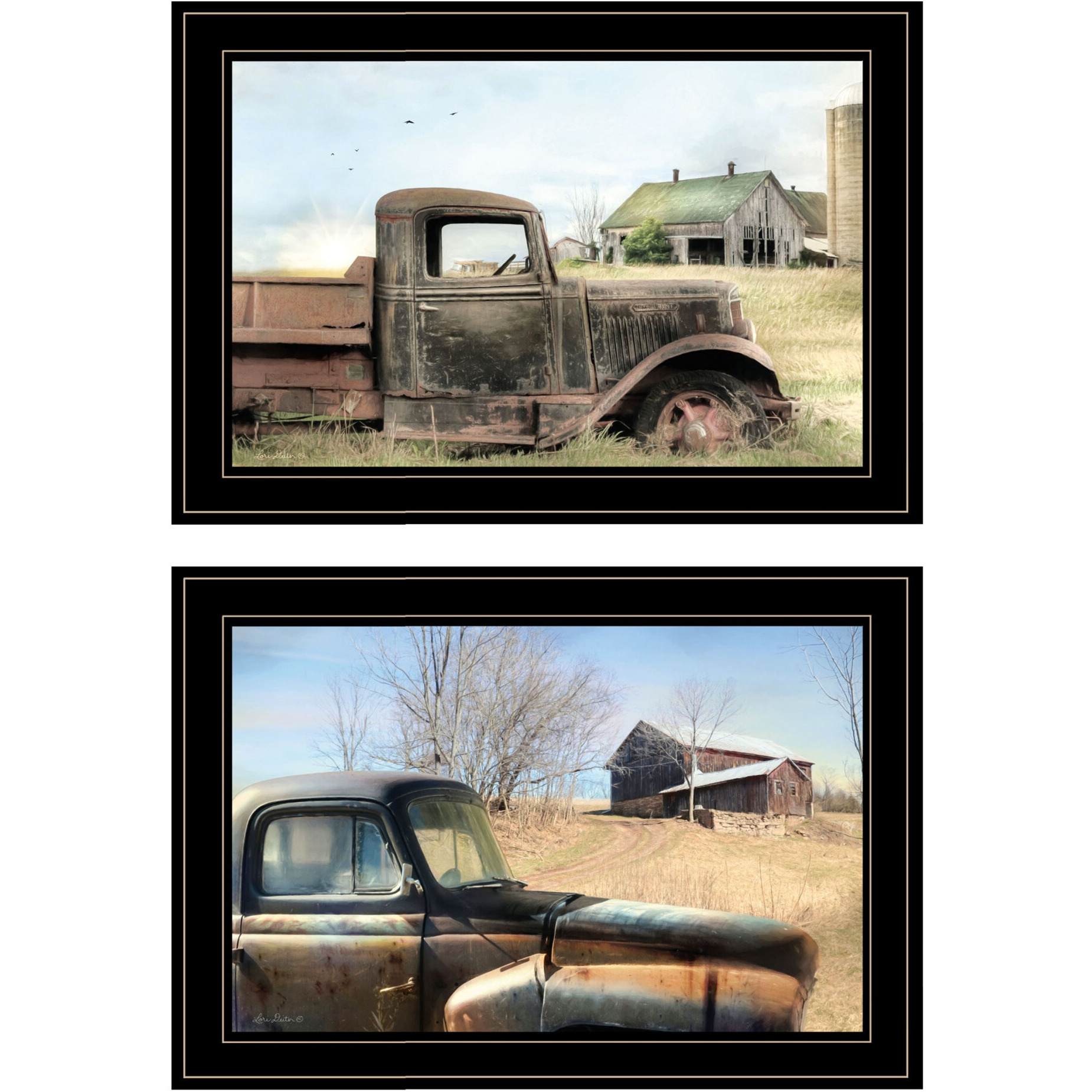 Set Of Two Vintage Farm Trucks 2 Black Framed Print Wall Art