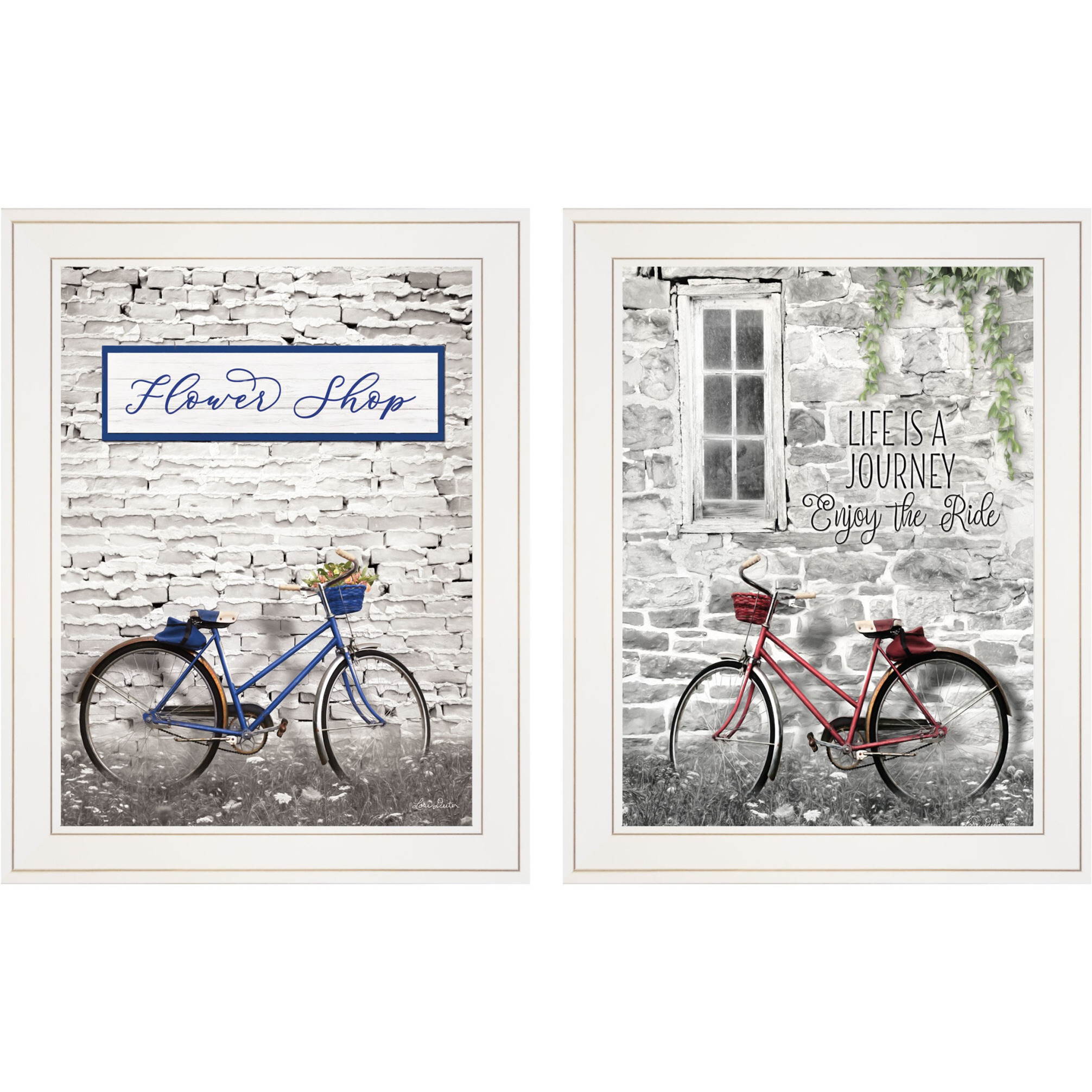 Set Of Two Romantic Bicycles 1 White Framed Print Wall Art