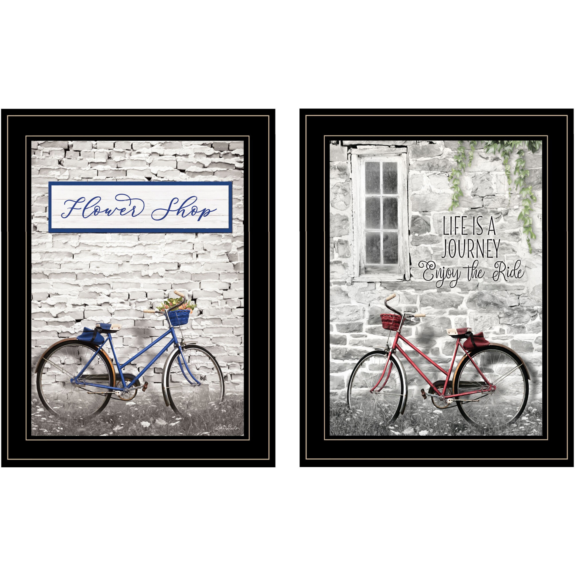 Set Of Two Romantic Bicycles 2 Black Framed Print Wall Art
