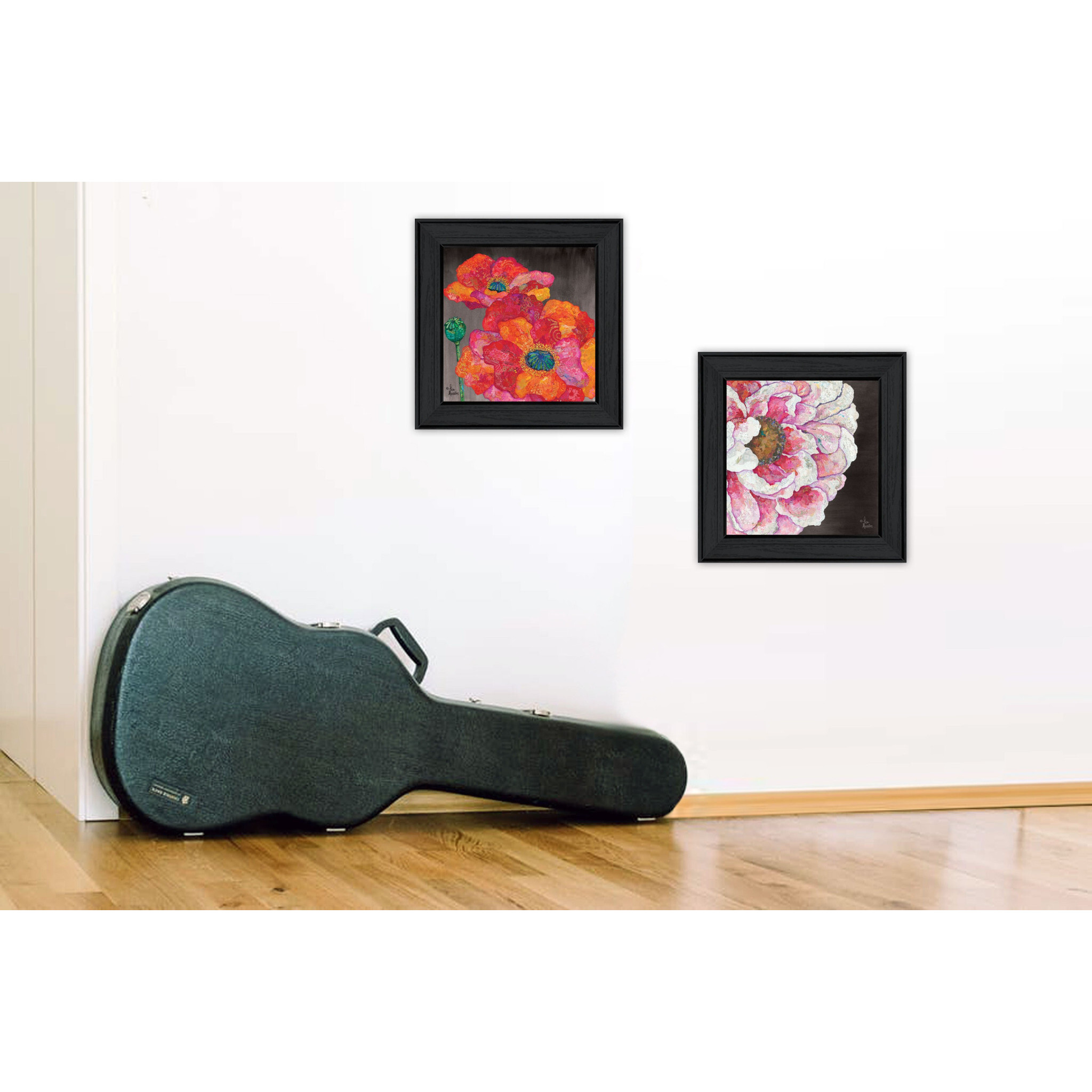 Set Of Two Blooms On Black 2 Black Framed Print Wall Art