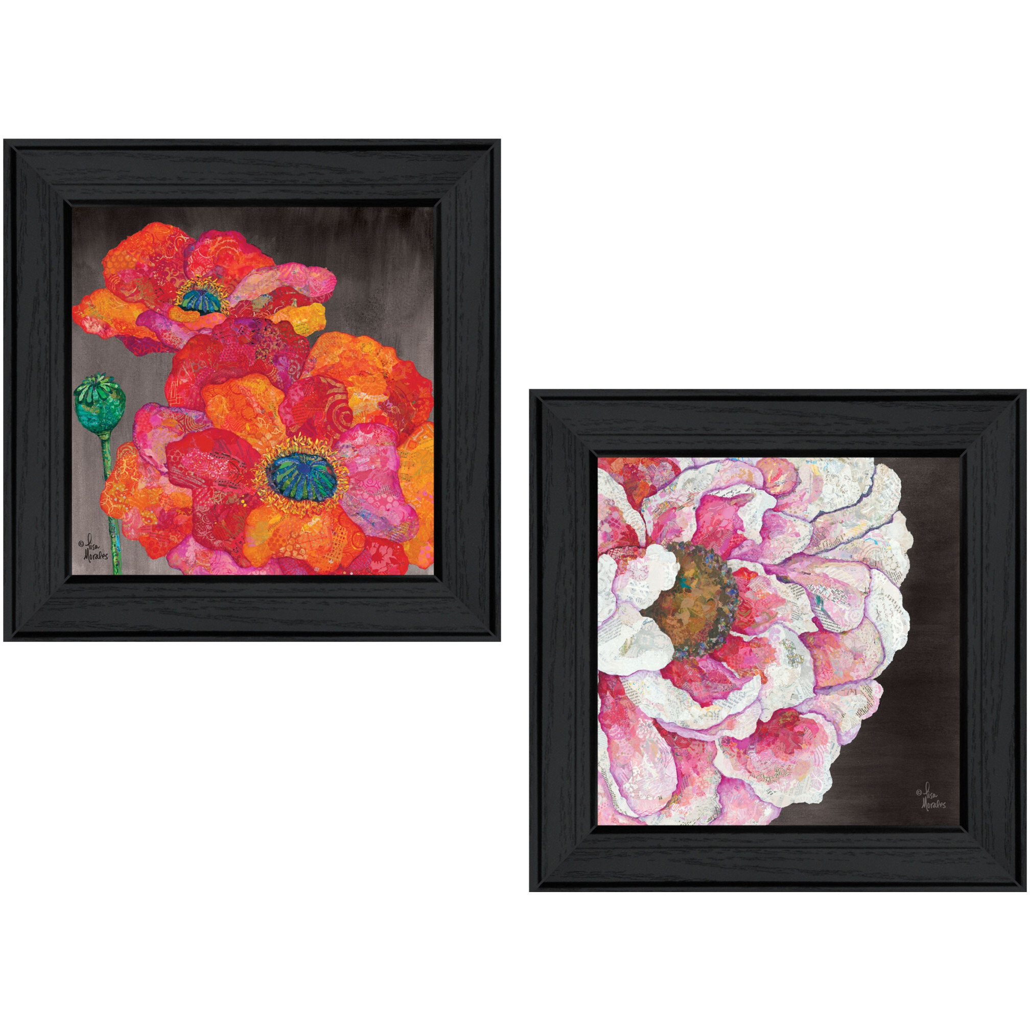 Set Of Two Blooms On Black 2 Black Framed Print Wall Art