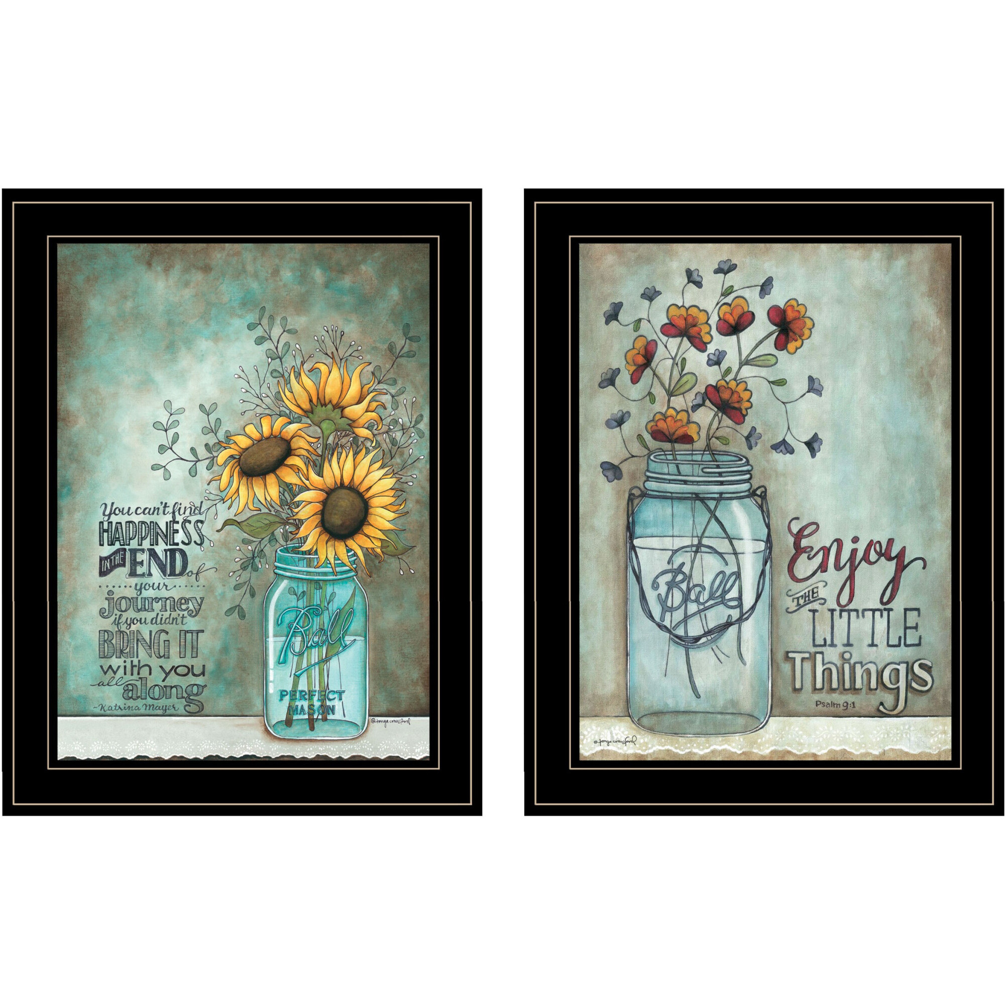 Set Of Two Enjoy The Little Things Or Happiness 2 Black Framed Print Wall Art