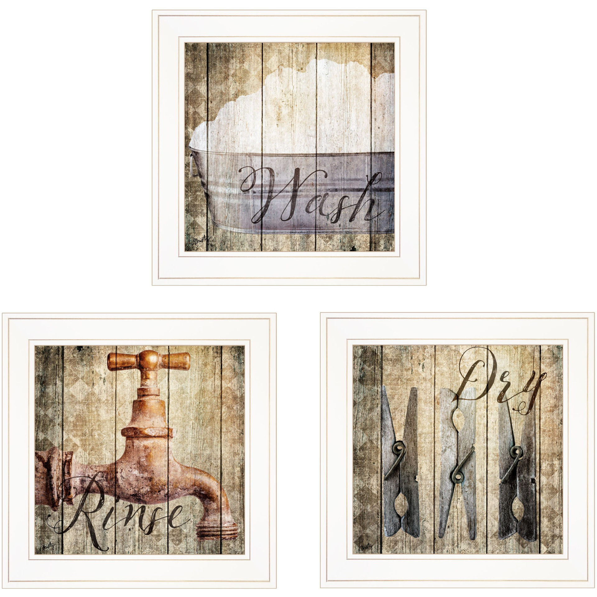 Set Of Three Wash 1 White Framed Print Bathroom Wall Art