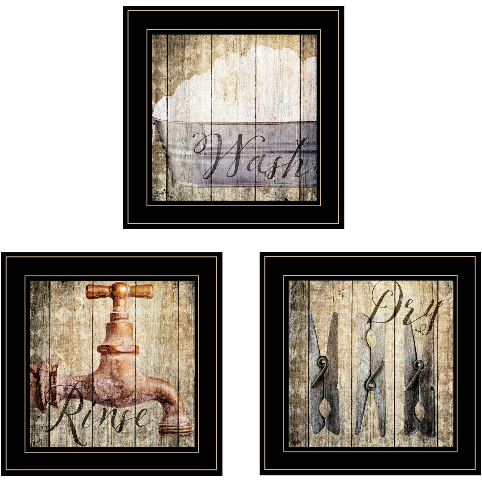 Set Of Three Wash 2 Black Framed Print Bathroom Wall Art