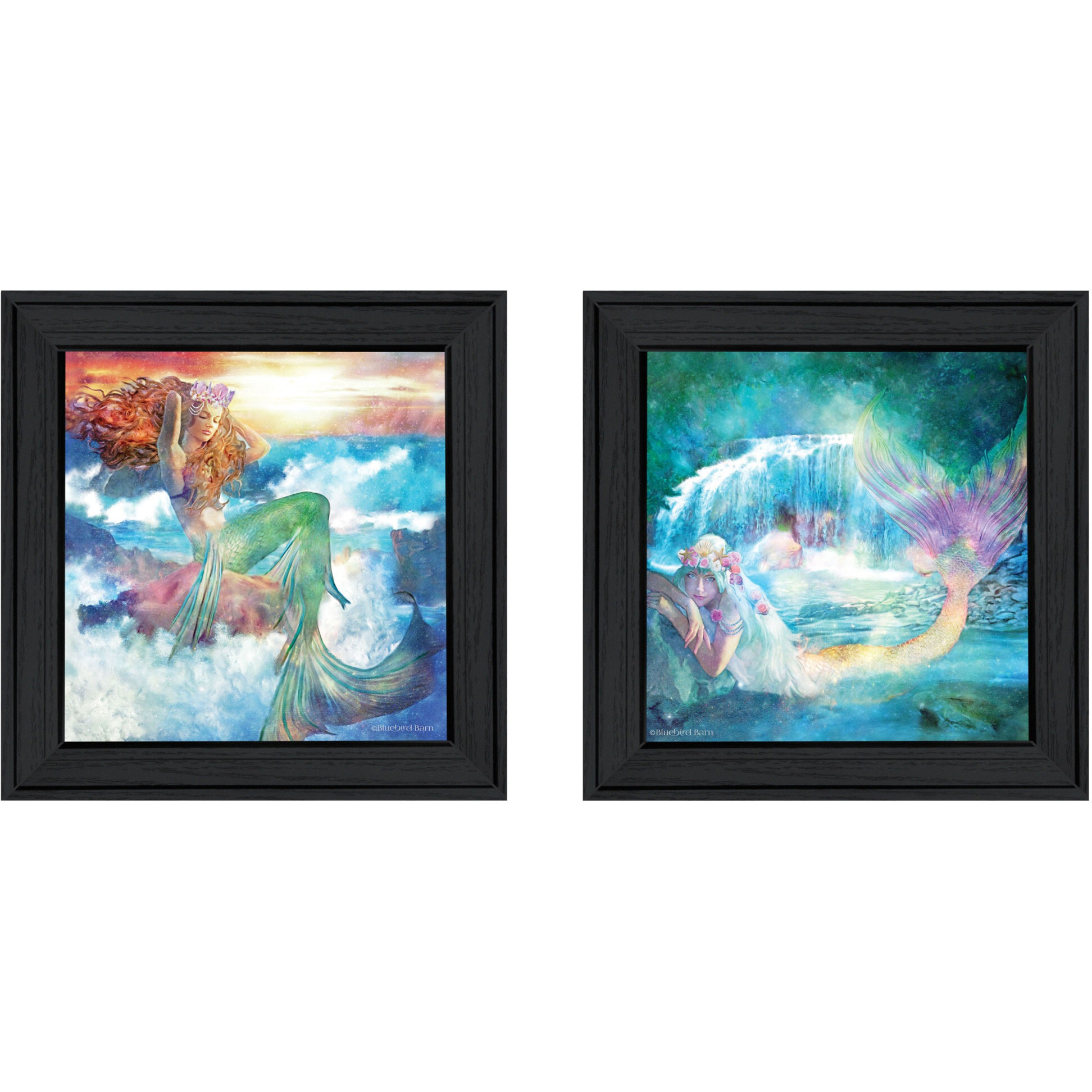 Set Of Two Mermaids 2 Black Framed Print Wall Art