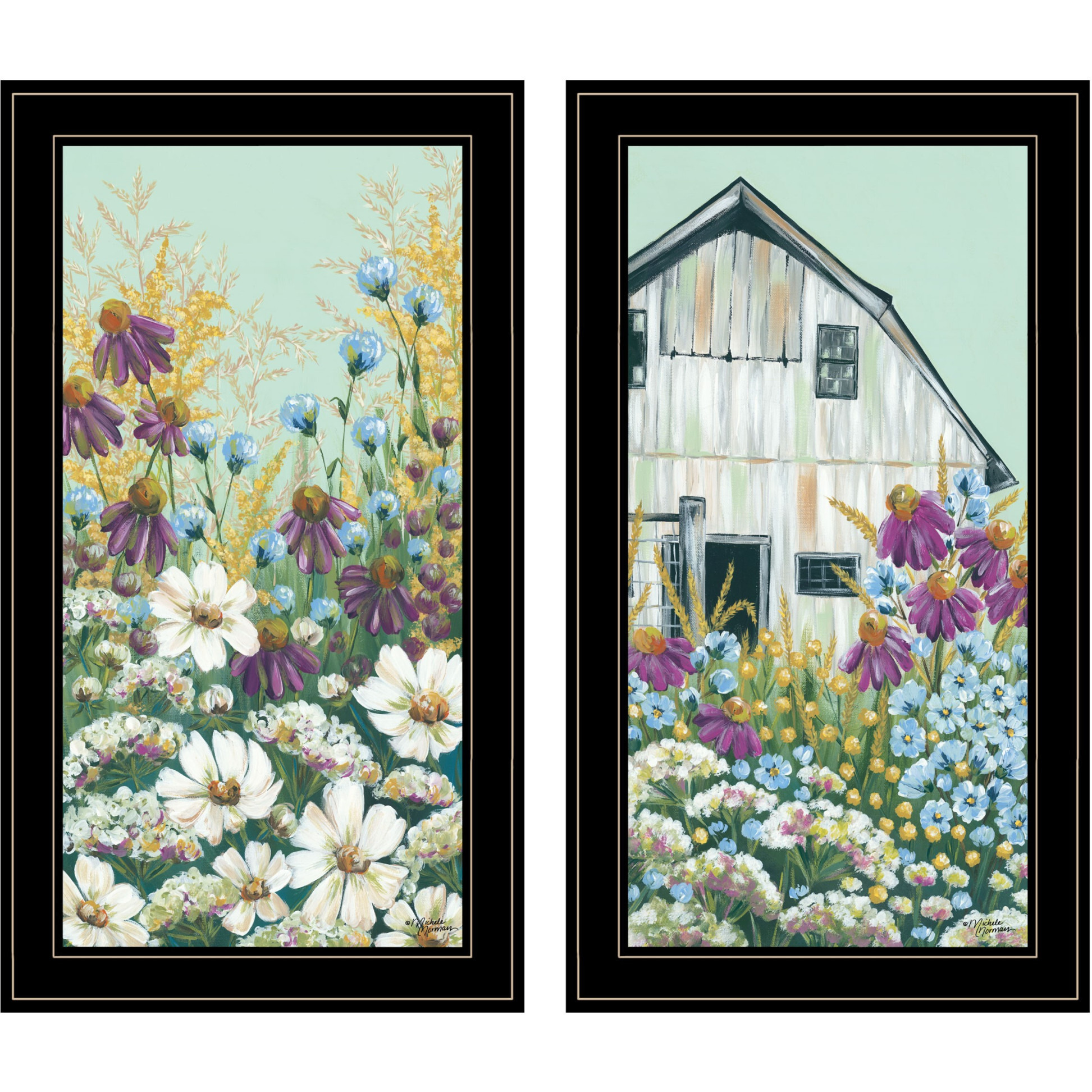 Set Of Two Floral Field 2 Black Framed Print Wall Art