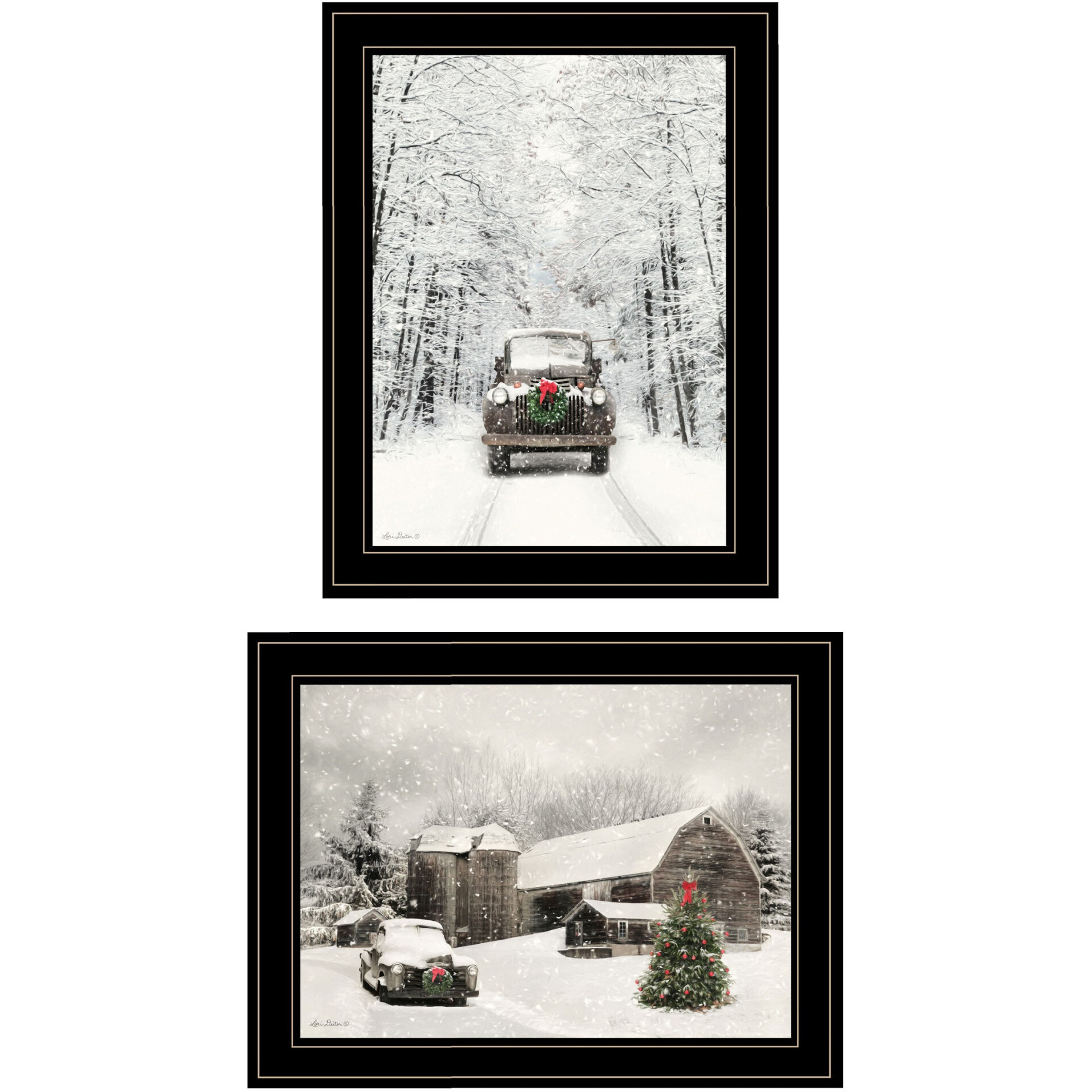 Set Of Two Antique christmas 2 Black Framed Print Wall Art