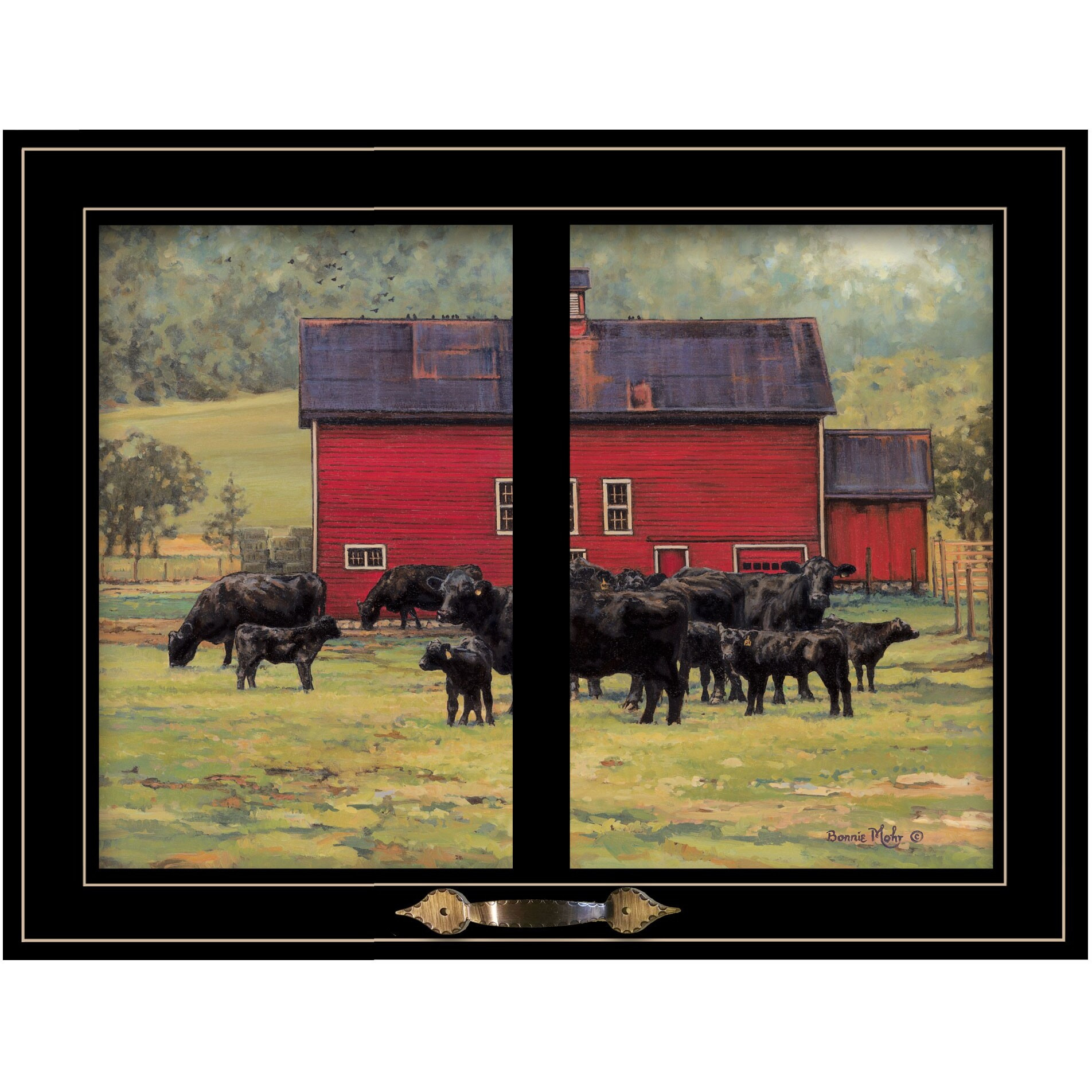 By The Red Barn Herd Of Angus 2 Black Framed Print Wall Art
