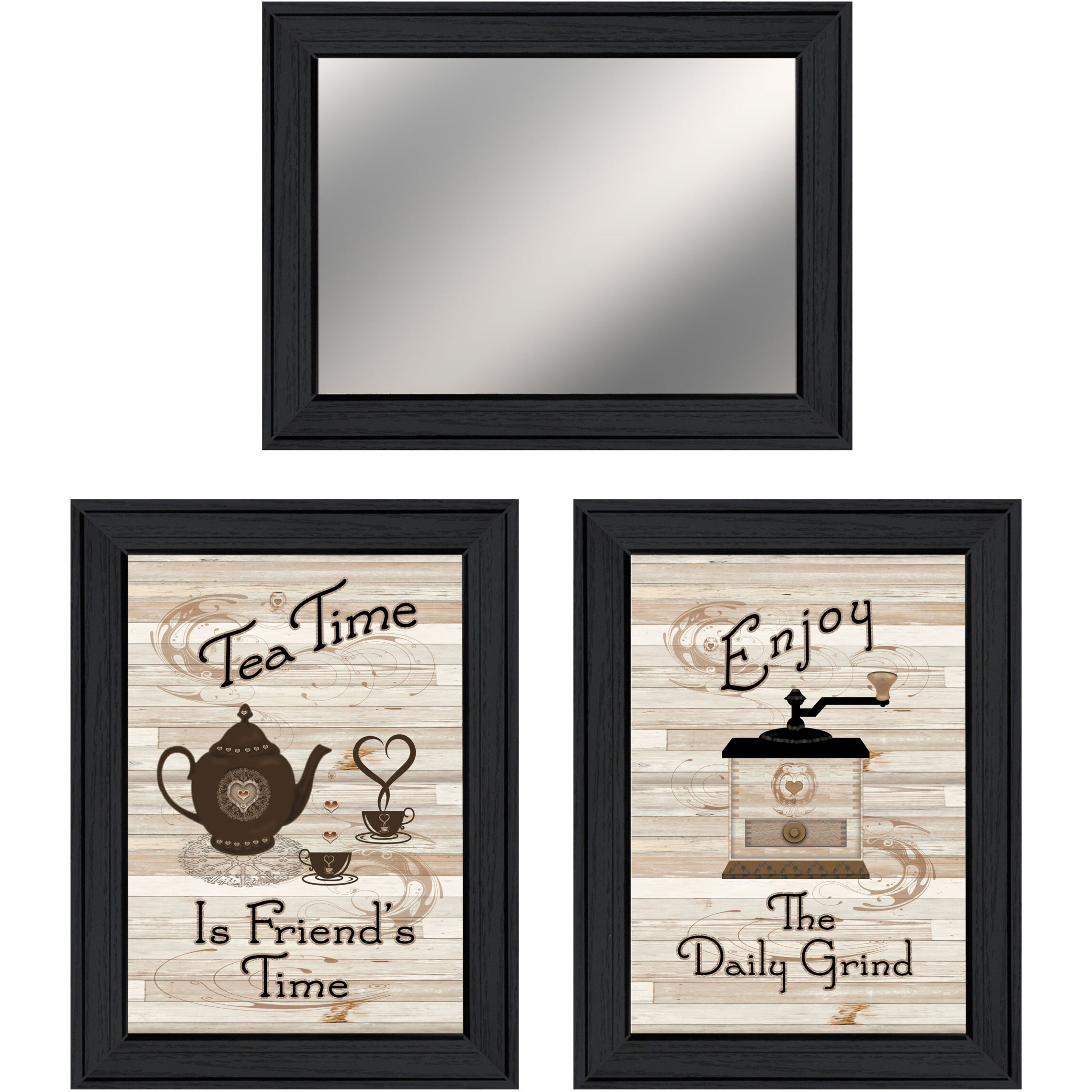 Set Of Three Enjoy Tea Time Black Framed Kitchen Wall Art and Mirror