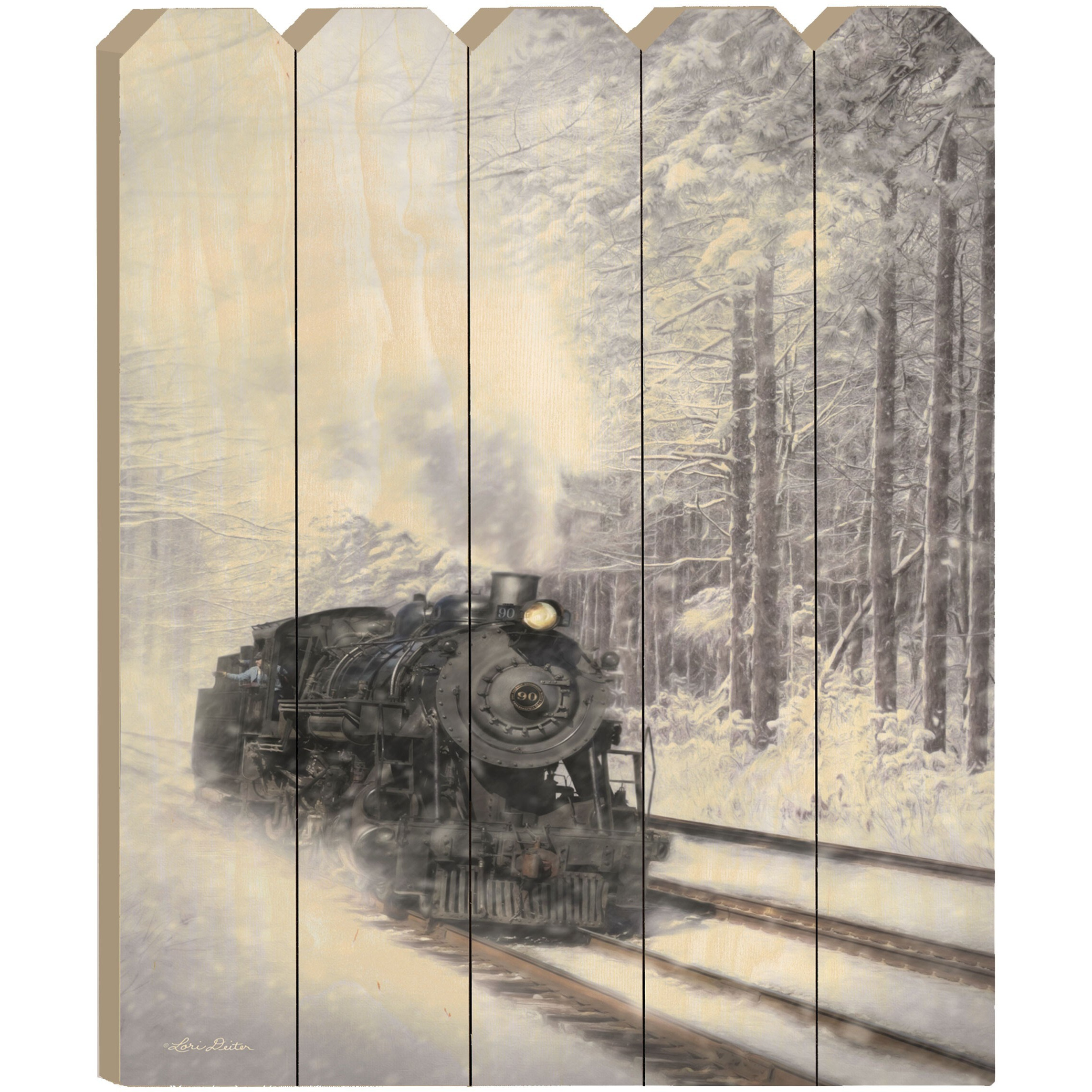Snowy Locomotive Unframed Picket Fence Wall Art