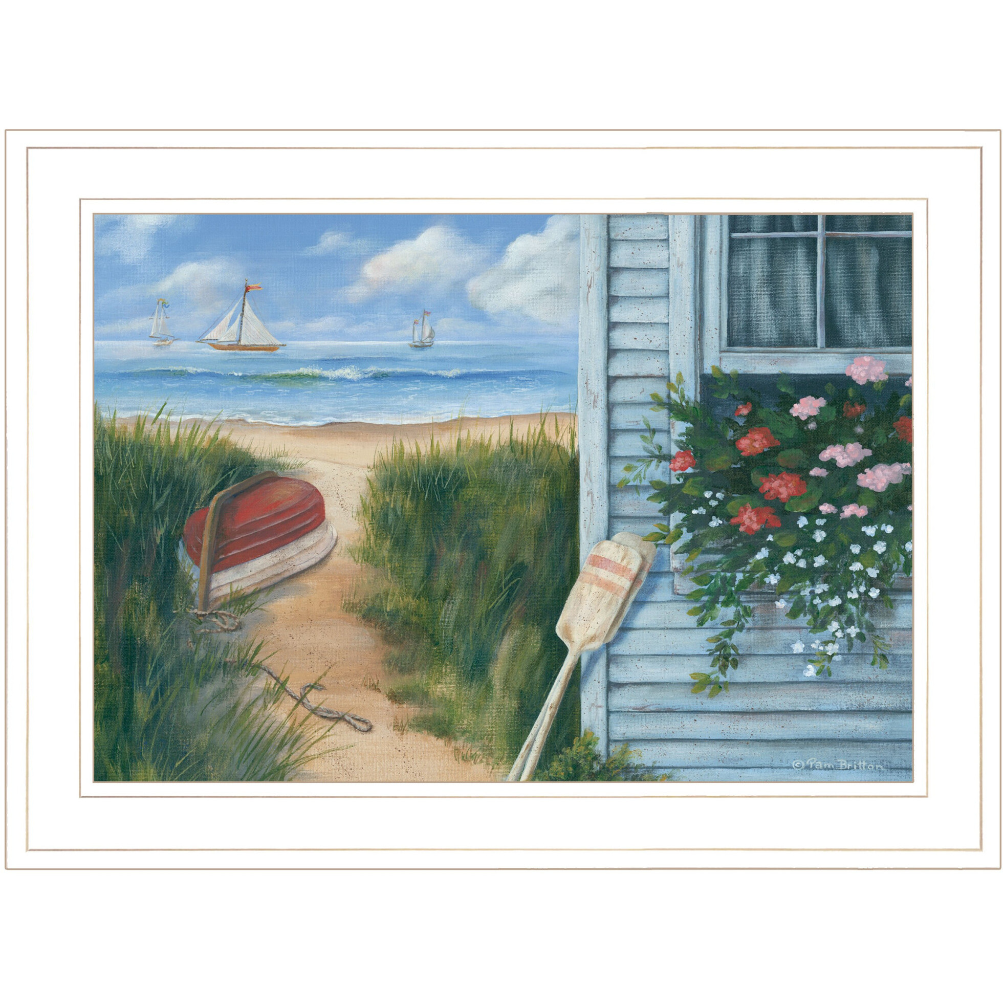 Beach cottage 1 White Framed Print Wall Art