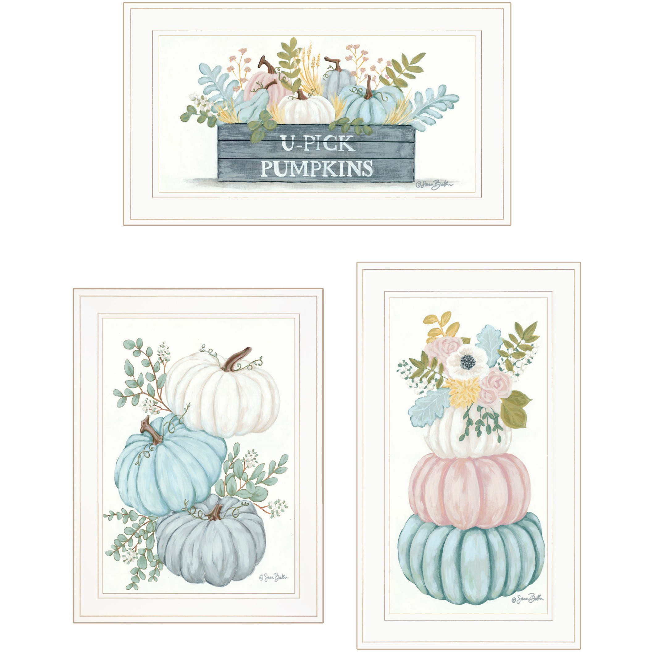 Set Of Three Floral Pumpkins 3 White Framed Print Wall Art