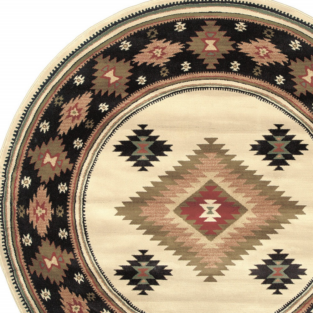 8 Beige Round Southwestern Power Loom Stain Resistant Area Rug