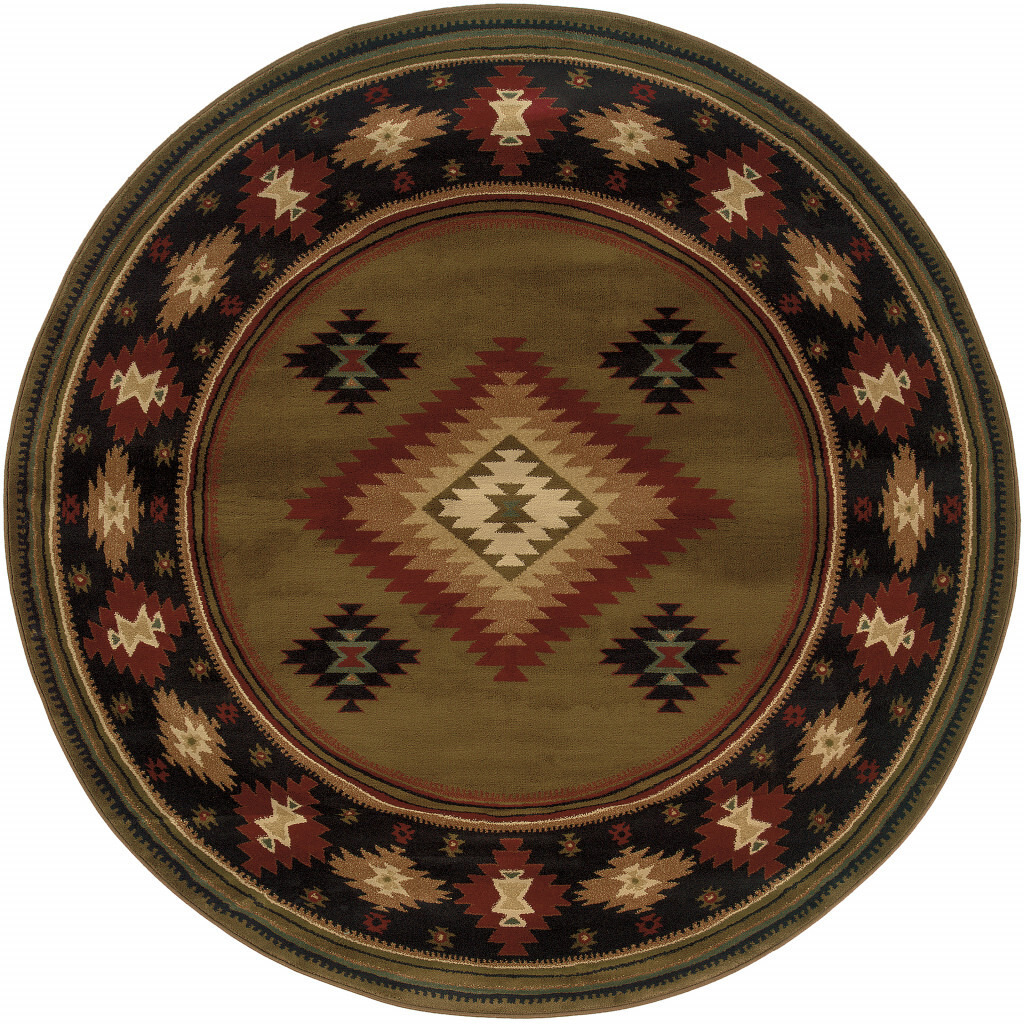 8 green Round Southwestern Power Loom Stain Resistant Area Rug