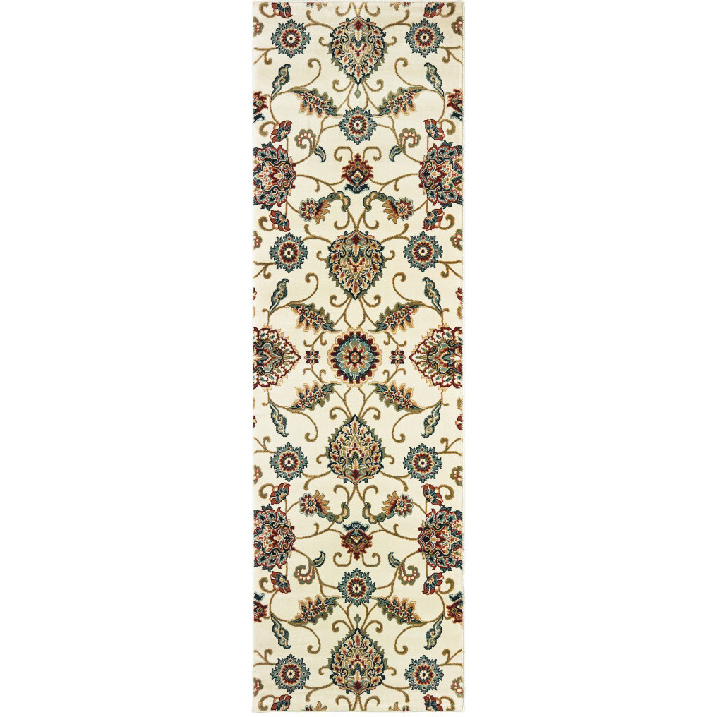 2 X 8 Ivory Floral Power Loom Stain Resistant Runner Rug