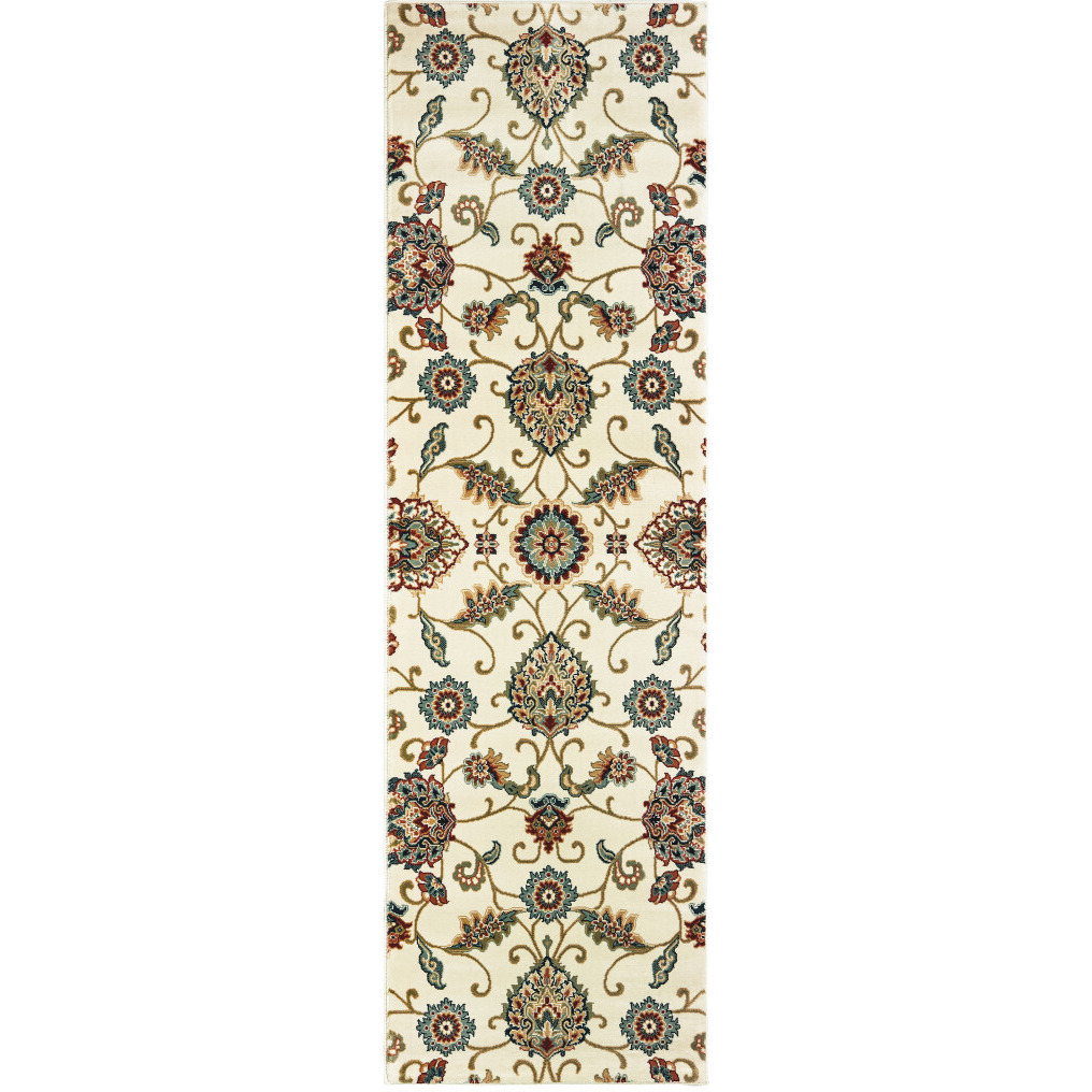 2 X 8 Ivory Floral Power Loom Stain Resistant Runner Rug
