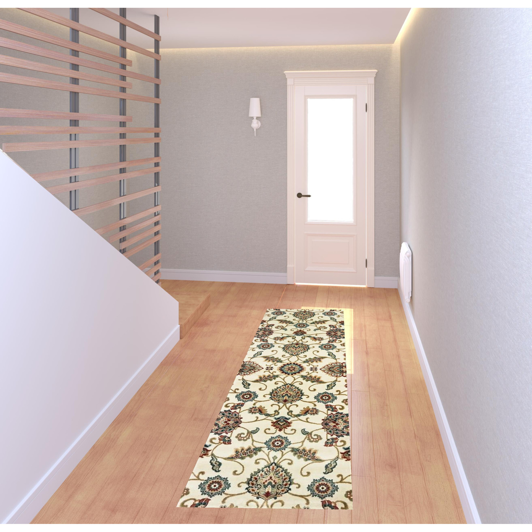 2 X 8 Ivory Floral Power Loom Stain Resistant Runner Rug