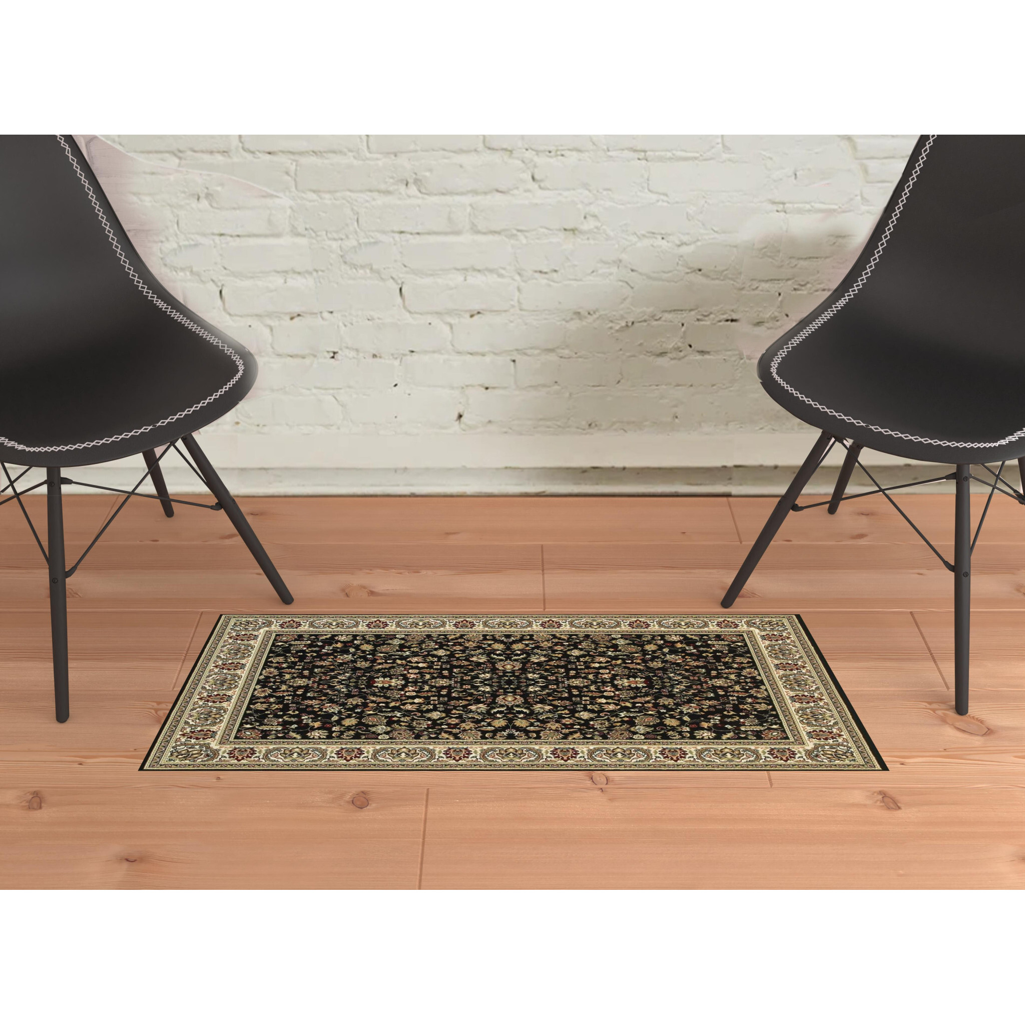 2 X 4 Black And Ivory Oriental Power Loom Stain Resistant Area Rug
