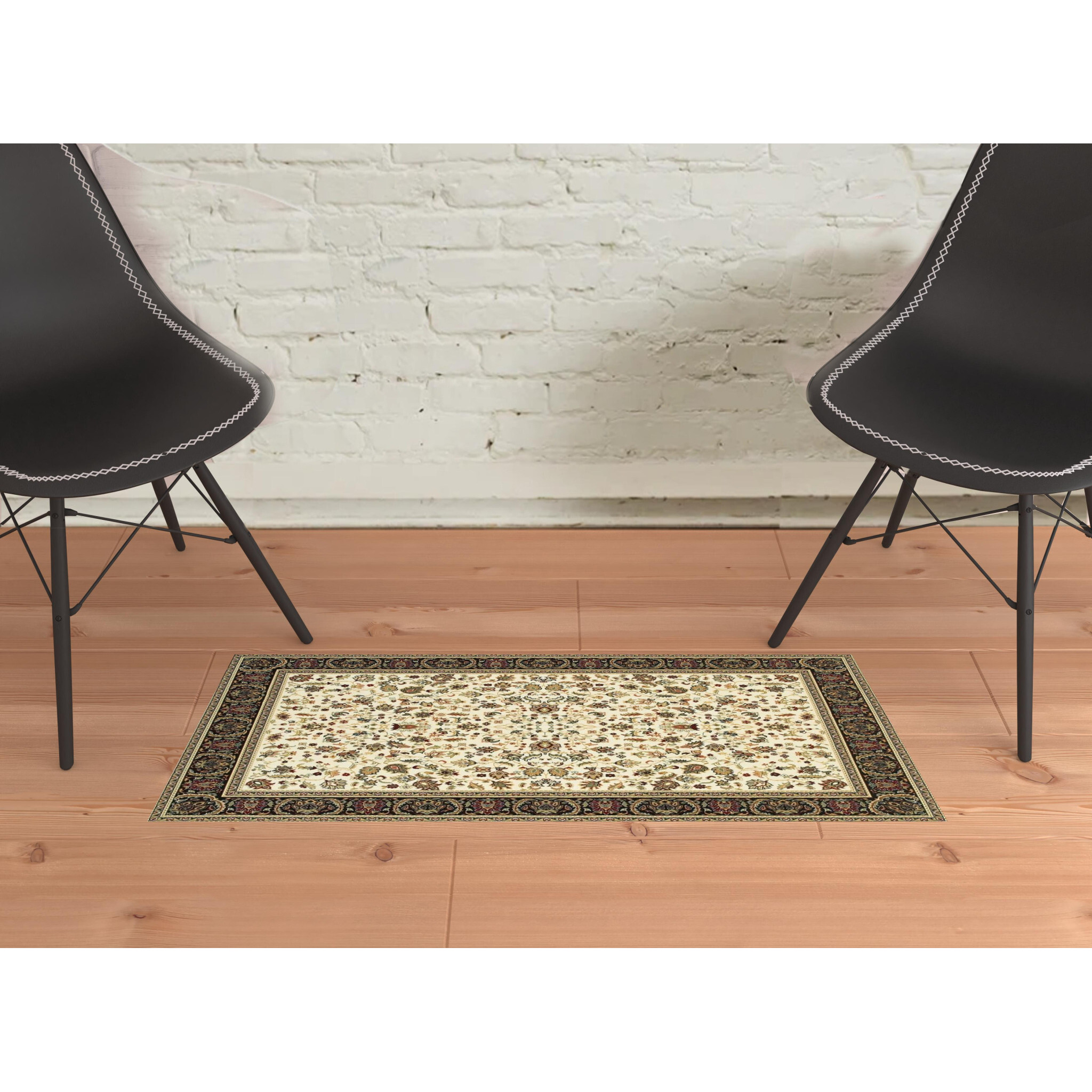 2 X 4 Ivory And Black Oriental Power Loom Stain Resistant Area Rug