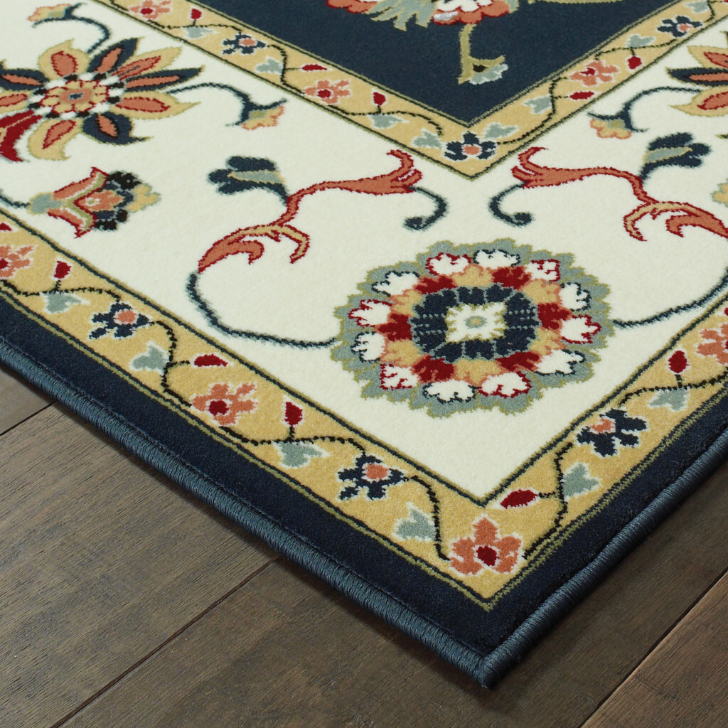 2 X 4 Navy And Ivory Oriental Power Loom Stain Resistant Area Rug