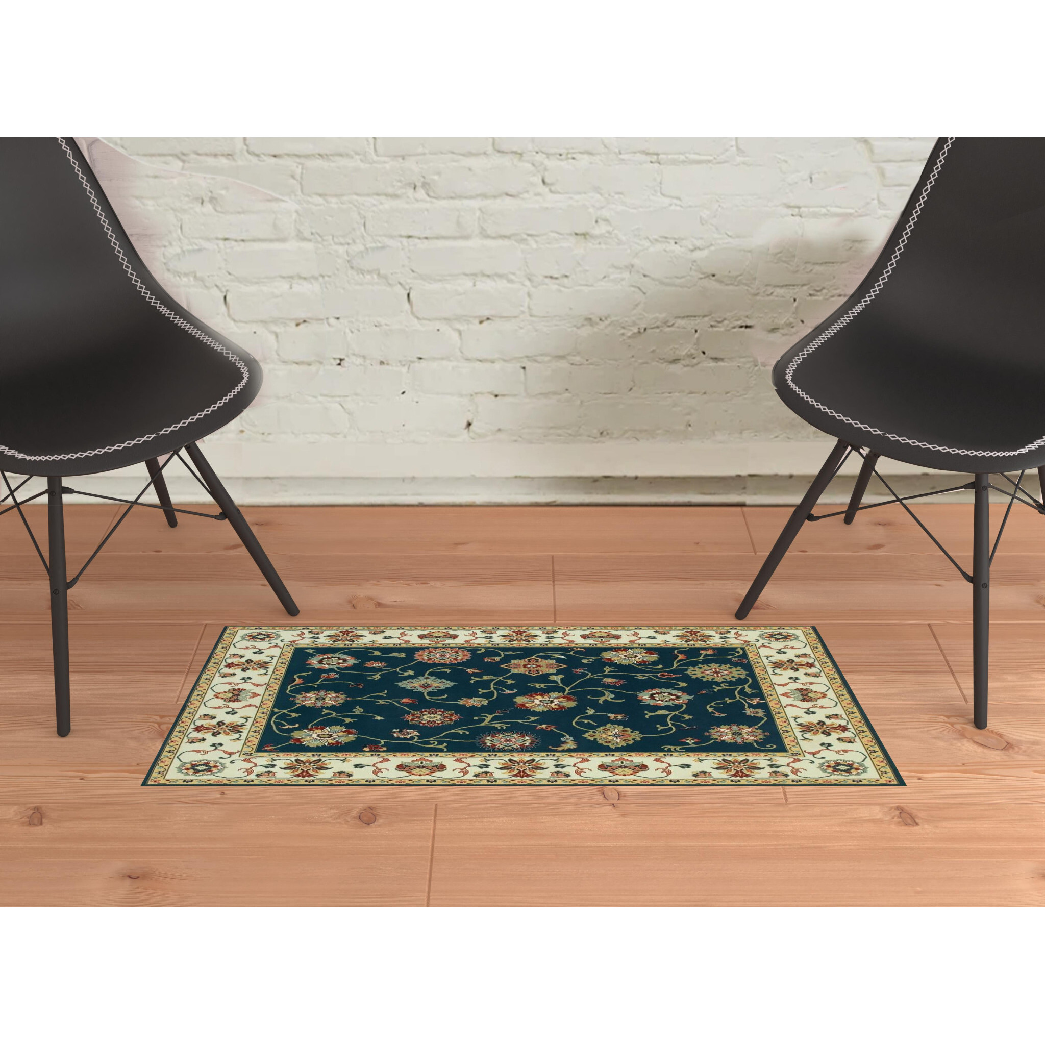 2 X 4 Navy And Ivory Oriental Power Loom Stain Resistant Area Rug