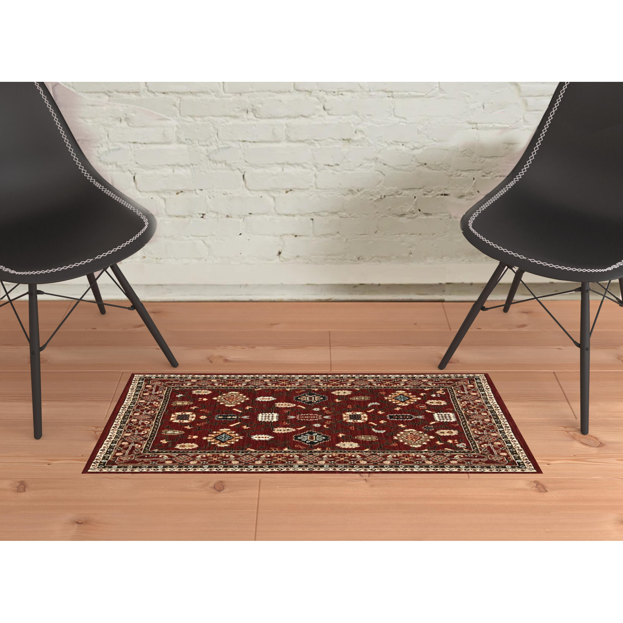 2 X 3 Red Black Ivory And Brown Oriental Power Loom Stain Resistant Area Rug With Fringe