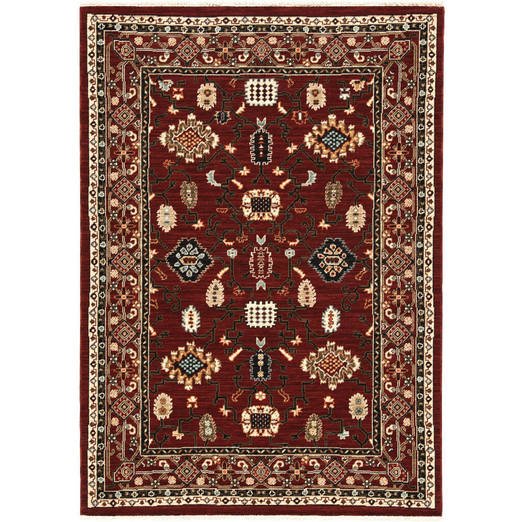 3 X 5 Red Black Ivory And Brown Oriental Power Loom Stain Resistant Area Rug With Fringe