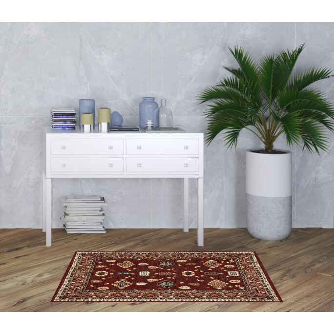 3 X 5 Red Black Ivory And Brown Oriental Power Loom Stain Resistant Area Rug With Fringe