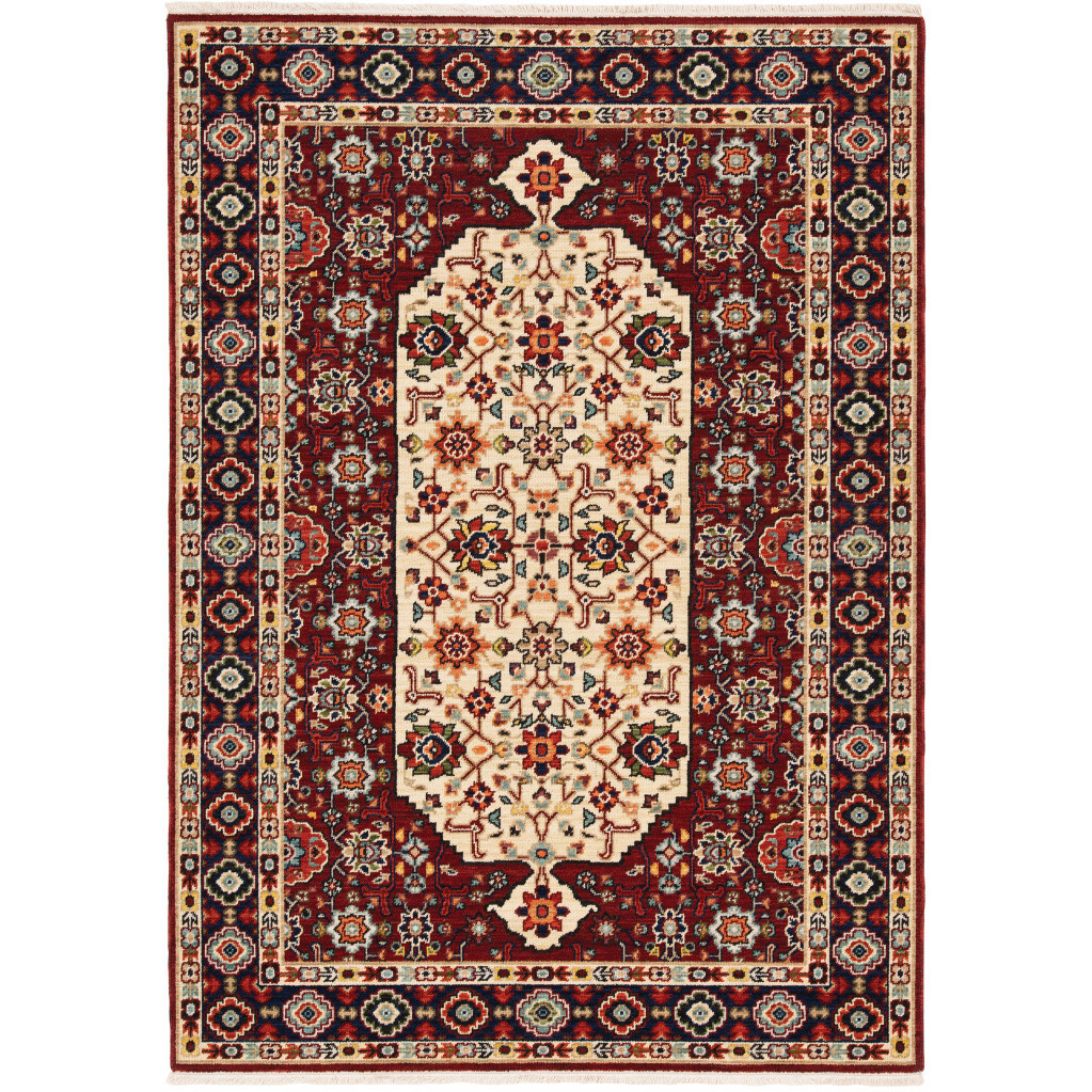 2 X 3 Red Ivory Blue And Orange Oriental Power Loom Stain Resistant Area Rug With Fringe