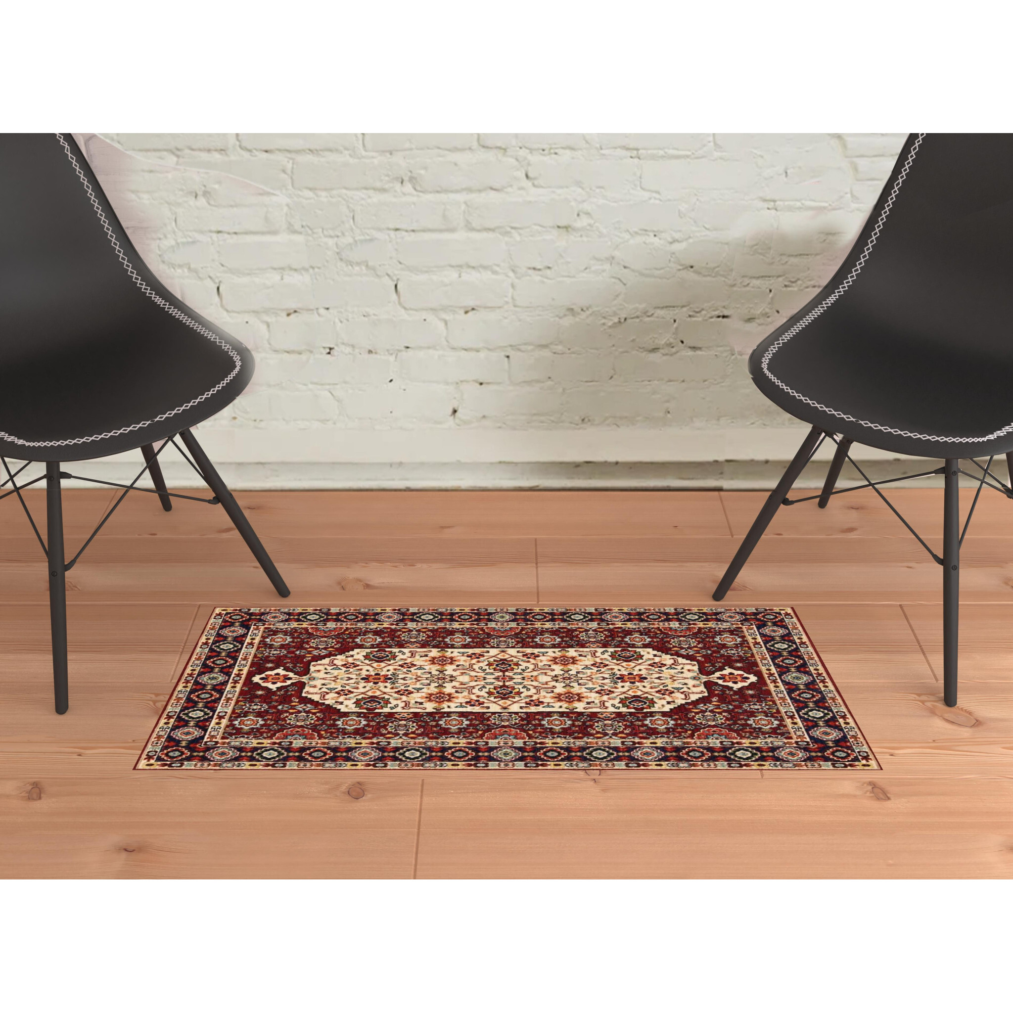 2 X 3 Red Ivory Blue And Orange Oriental Power Loom Stain Resistant Area Rug With Fringe