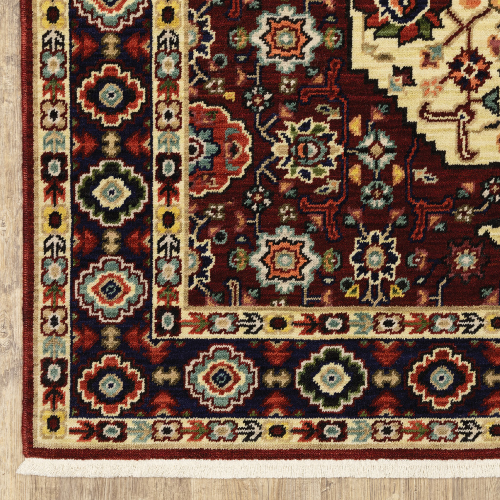 2 X 3 Red Ivory Blue And Orange Oriental Power Loom Stain Resistant Area Rug With Fringe