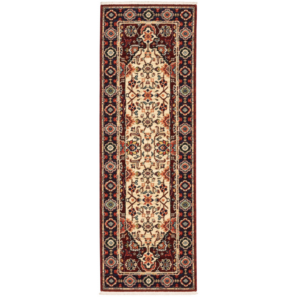 2 X 6 Red Ivory Blue And Orange Oriental Power Loom Stain Resistant Runner Rug With Fringe